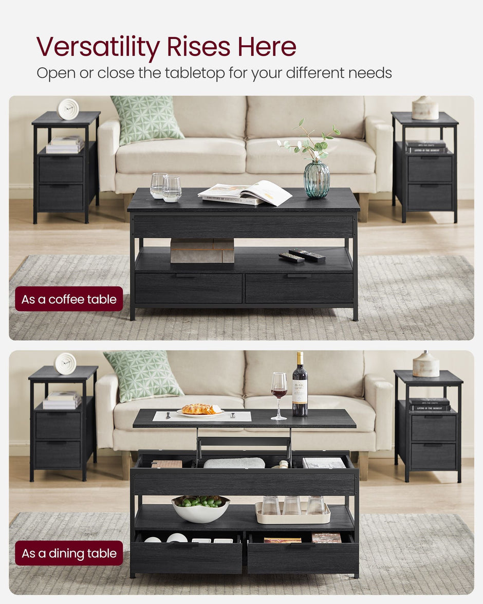Lift Top Coffee Table – Engineered Wood – Charcoal Grey and Ink Black – With Storage Drawers and Hidden Compartments