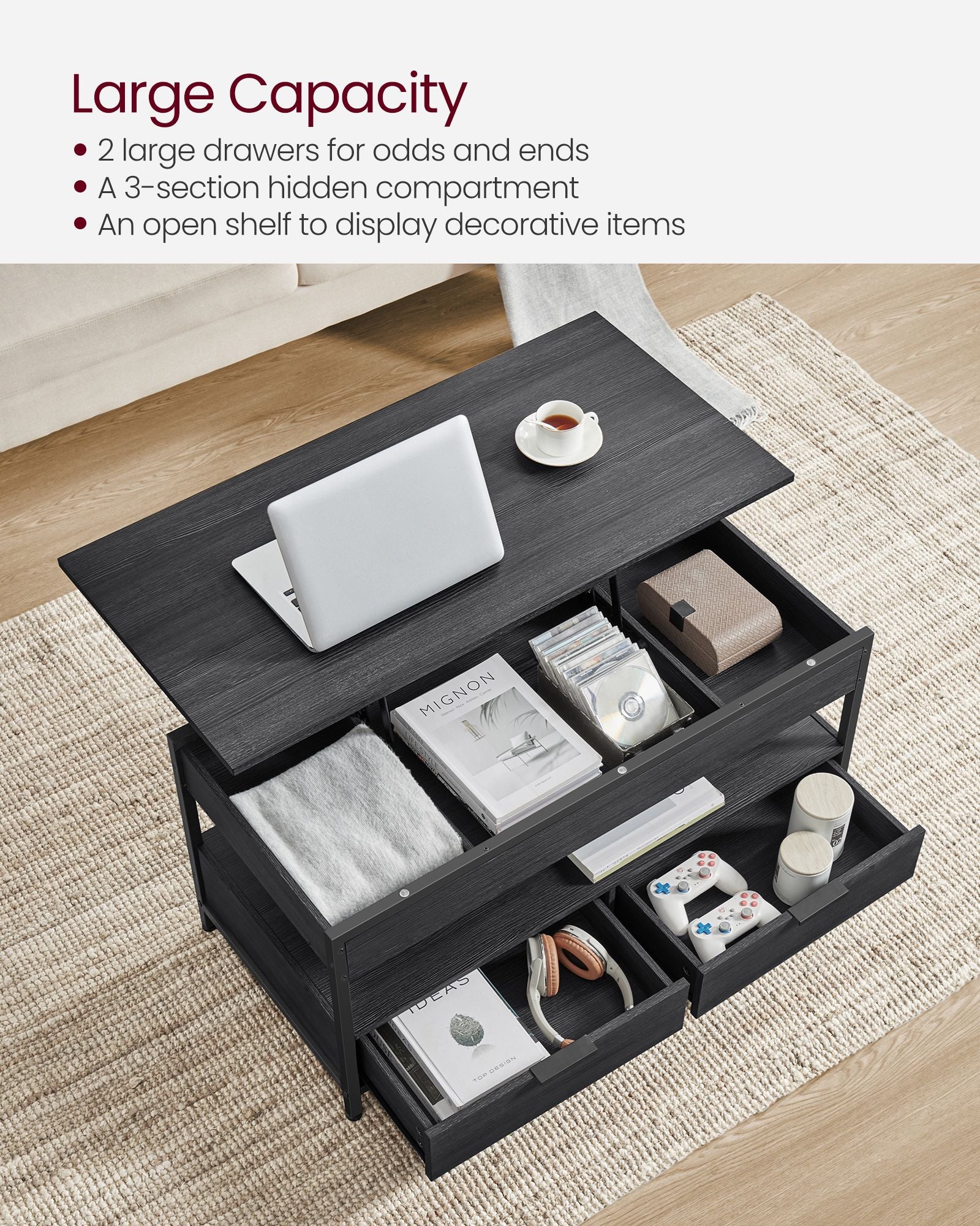 Lift Top Coffee Table – Engineered Wood – Charcoal Grey and Ink Black – With Storage Drawers and Hidden Compartments