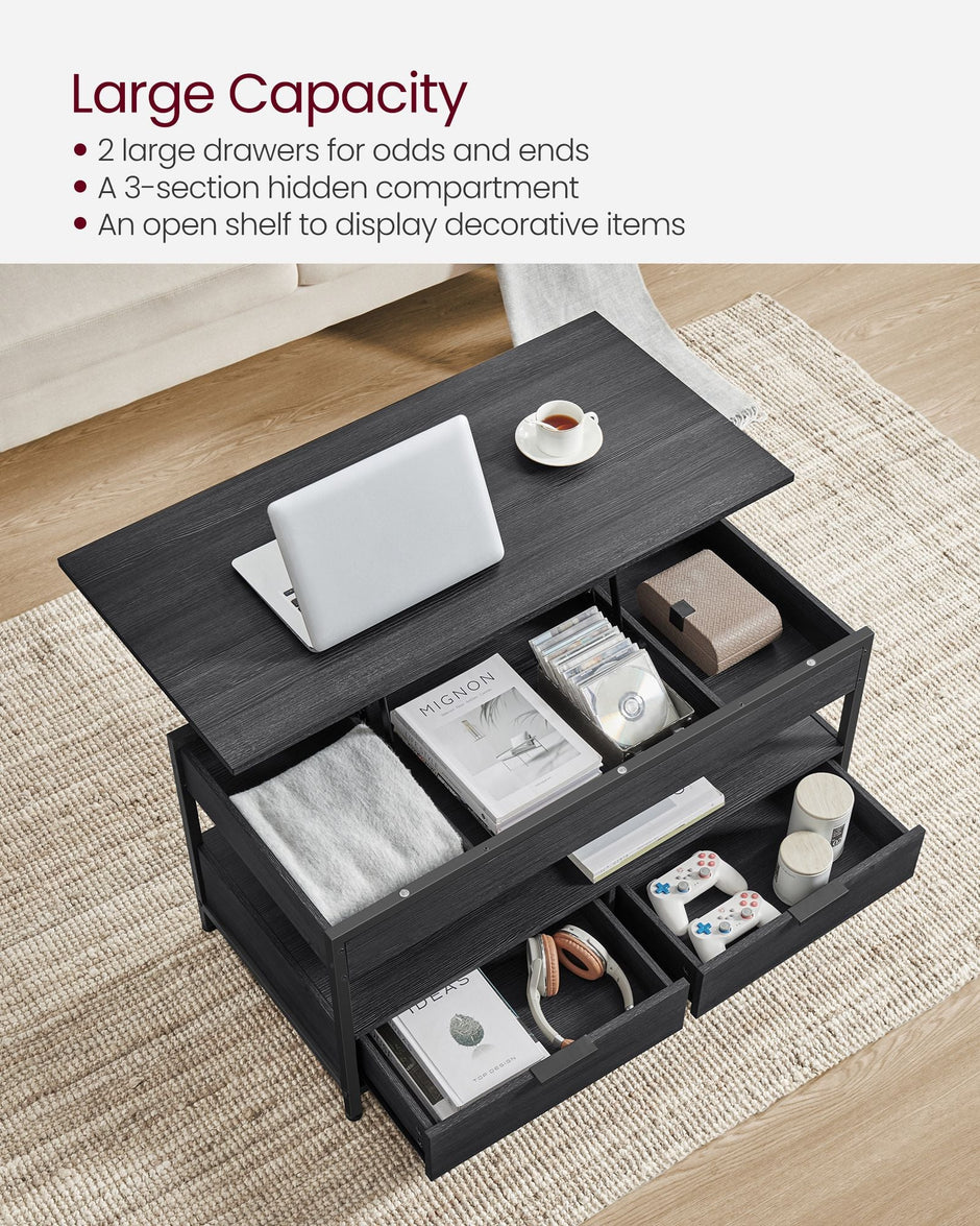 Lift Top Coffee Table – Engineered Wood – Charcoal Grey and Ink Black – With Storage Drawers and Hidden Compartments