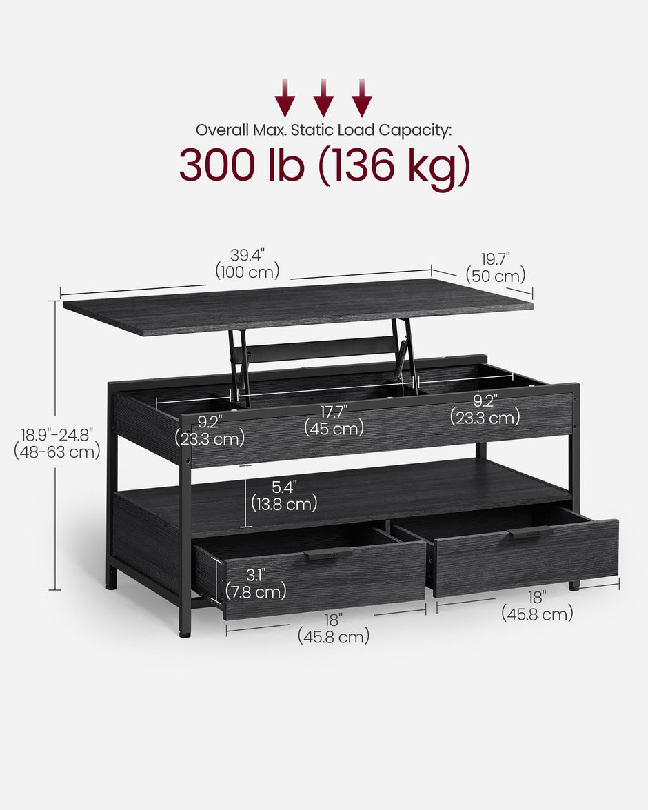 Lift Top Coffee Table – Engineered Wood – Charcoal Grey and Ink Black – With Storage Drawers and Hidden Compartments
