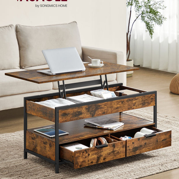 Lift Top Coffee Table – Wood – Brown – Storage Drawers and Hidden Compartments