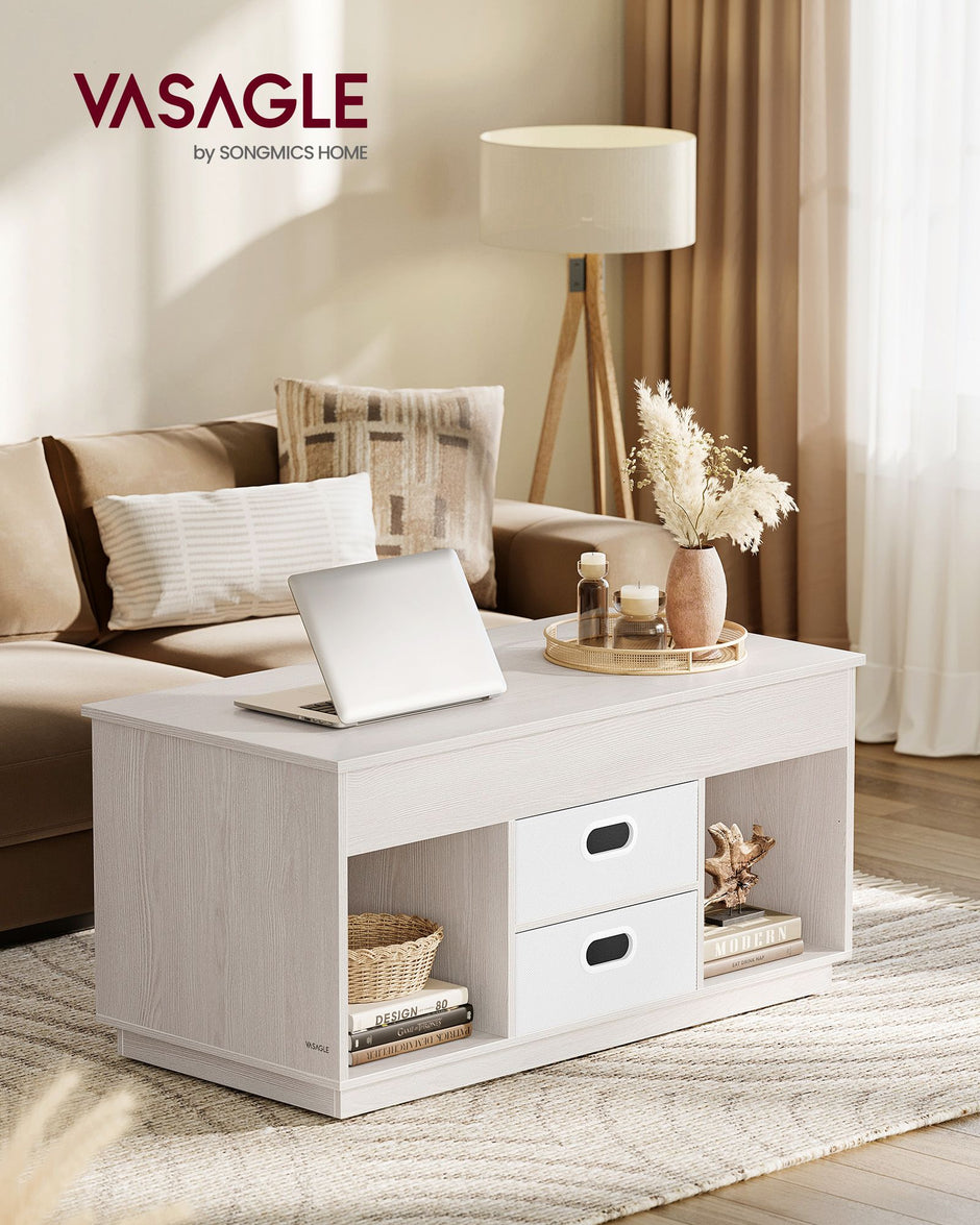 Lift Top Coffee Table – Wood – Oatmeal Beige – Dual Drawer and Hidden Compartment Design
