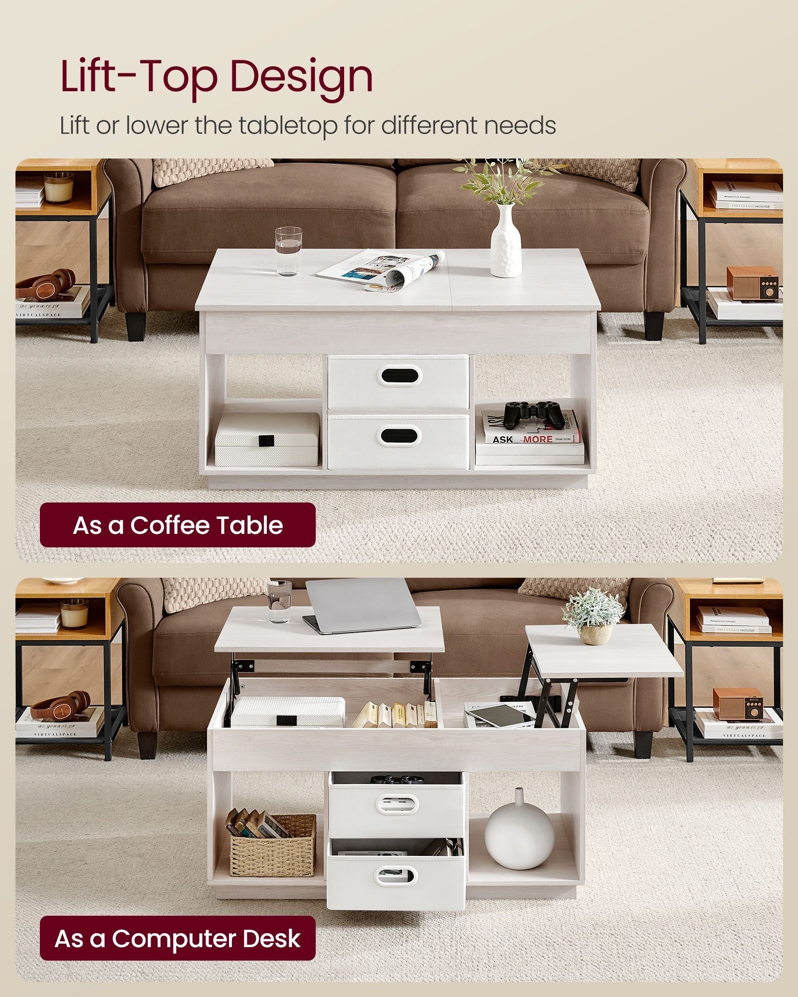 Lift Top Coffee Table – Wood – Oatmeal Beige – Dual Drawer and Hidden Compartment Design