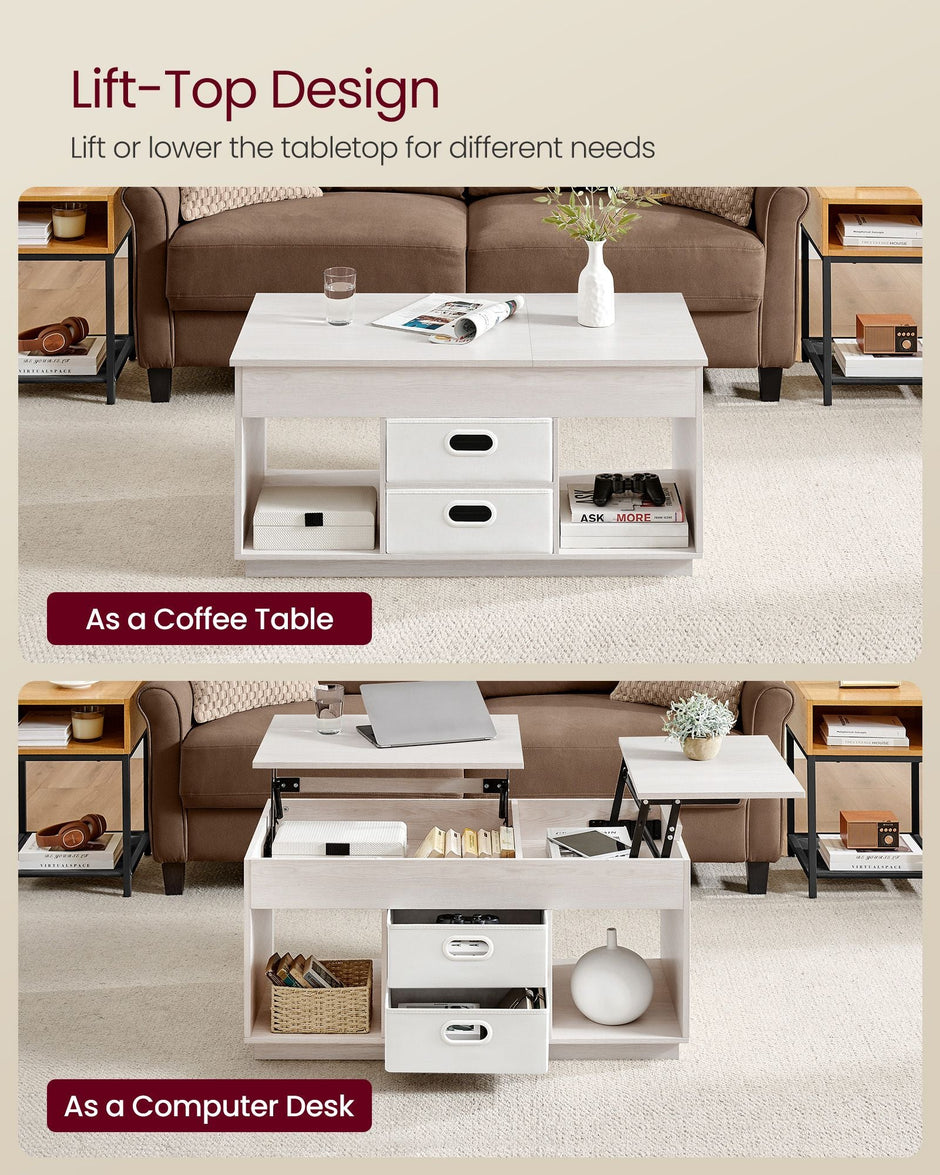 Lift Top Coffee Table – Wood – Oatmeal Beige – Dual Drawer and Hidden Compartment Design