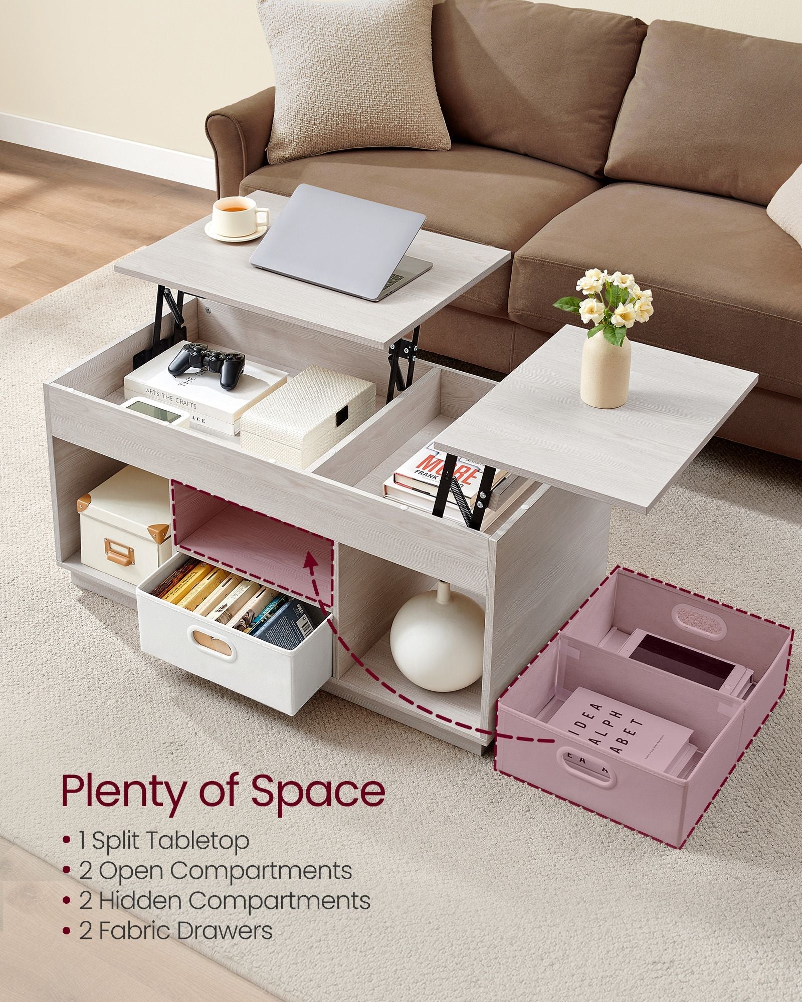 Lift Top Coffee Table – Wood – Oatmeal Beige – Dual Drawer and Hidden Compartment Design