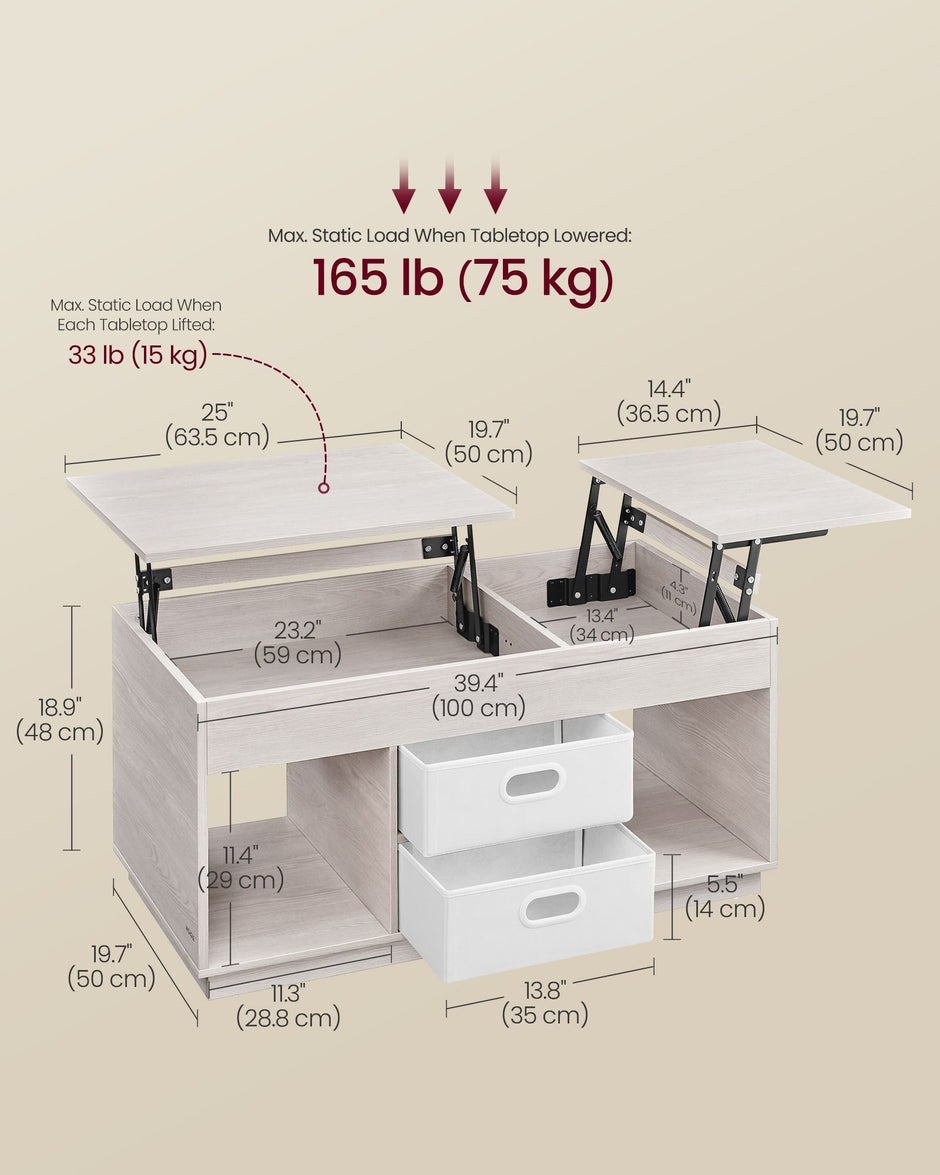 Lift Top Coffee Table – Wood – Oatmeal Beige – Dual Drawer and Hidden Compartment Design