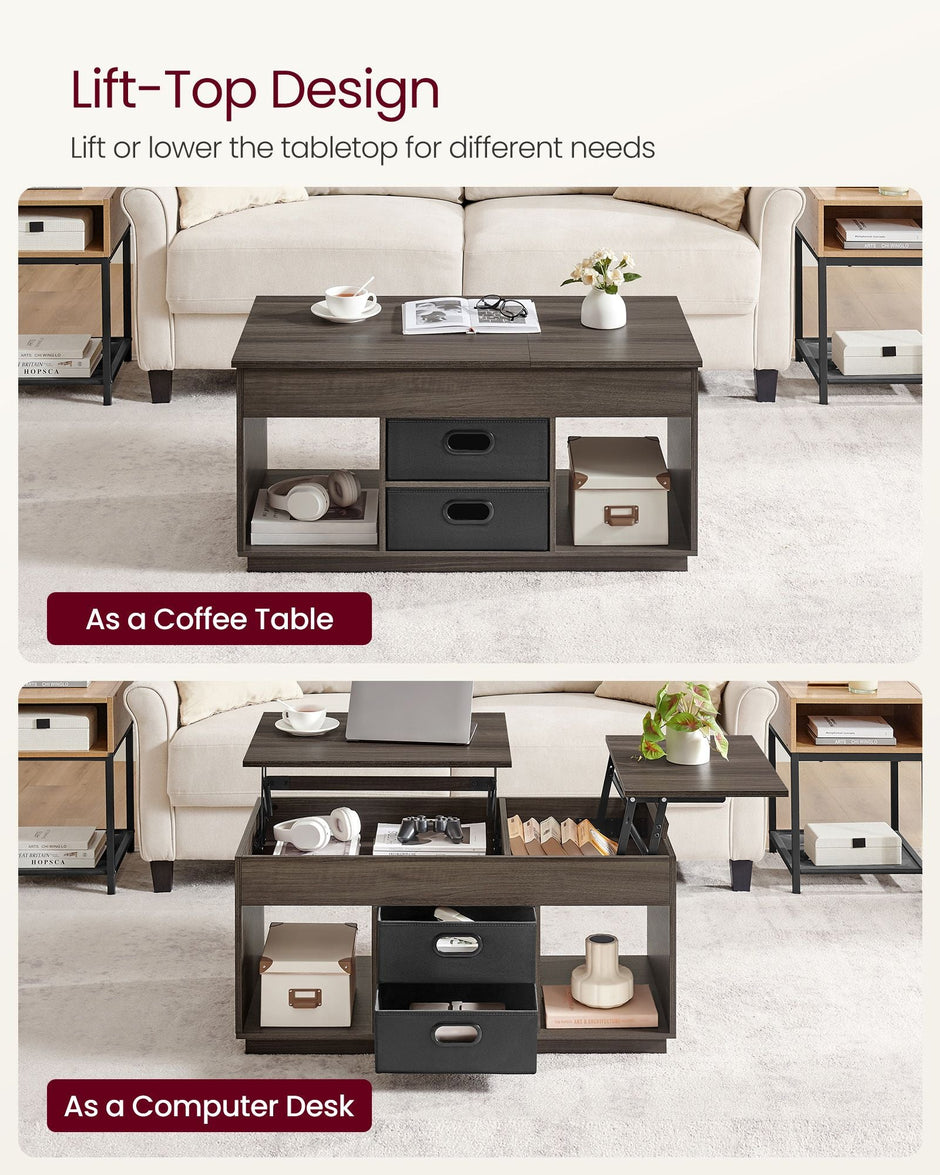 Lift Top Coffee Table – Wood – Ash Brown – With 2 Drawers and Hidden Compartments
