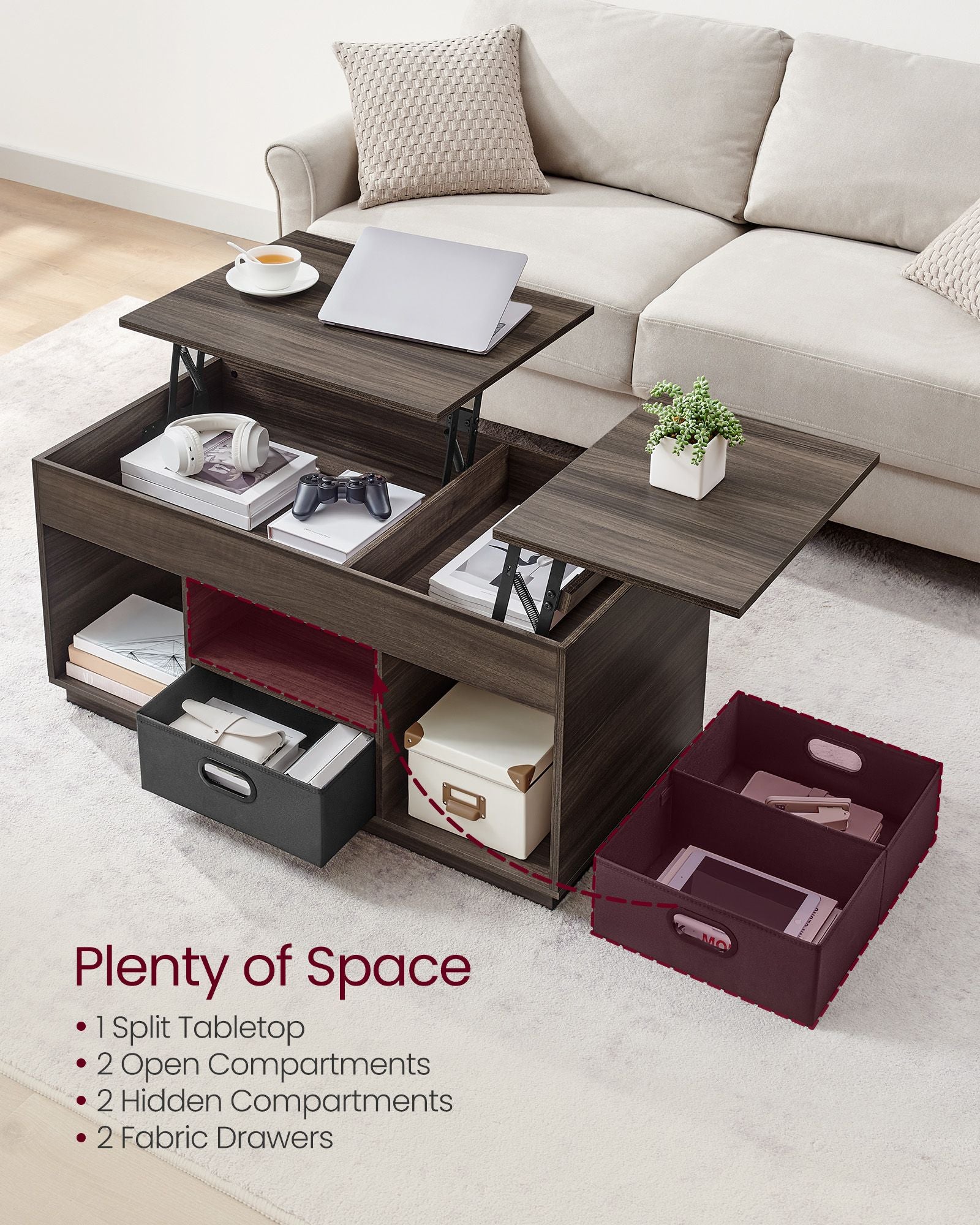 Lift Top Coffee Table – Wood – Ash Brown – With 2 Drawers and Hidden Compartments