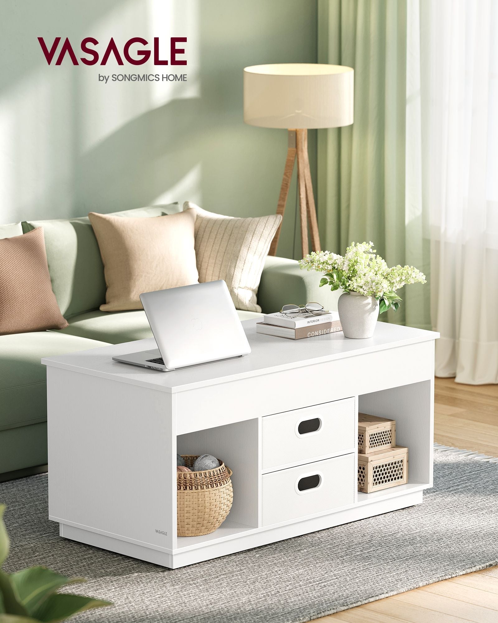 Lift Top Coffee Table – Wood – Snow White – With 2 Drawers and Hidden Compartments