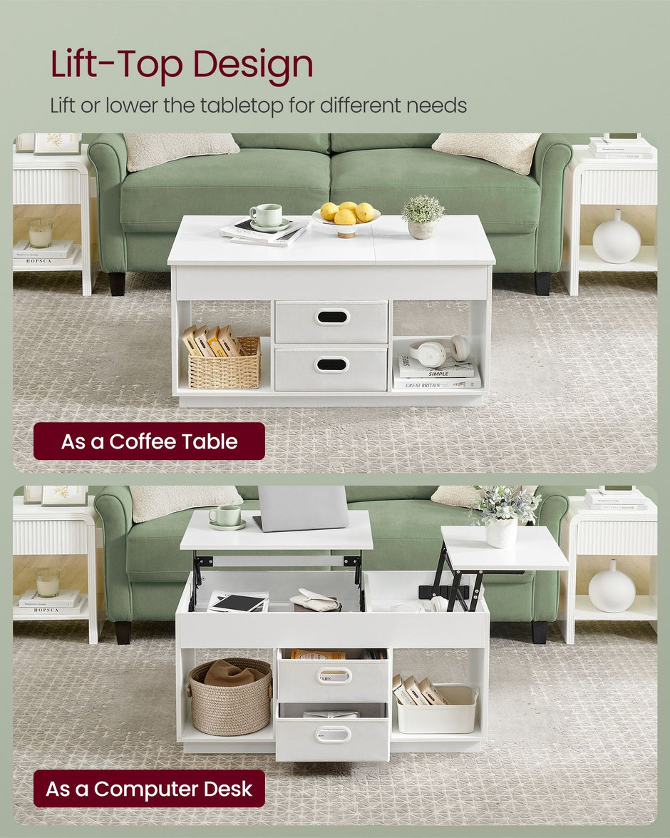 Lift Top Coffee Table – Wood – Snow White – With 2 Drawers and Hidden Compartments