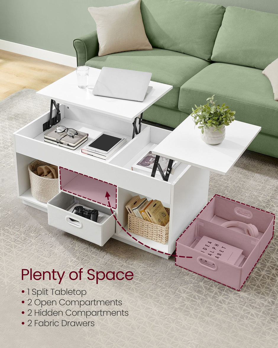 Lift Top Coffee Table – Wood – Snow White – With 2 Drawers and Hidden Compartments