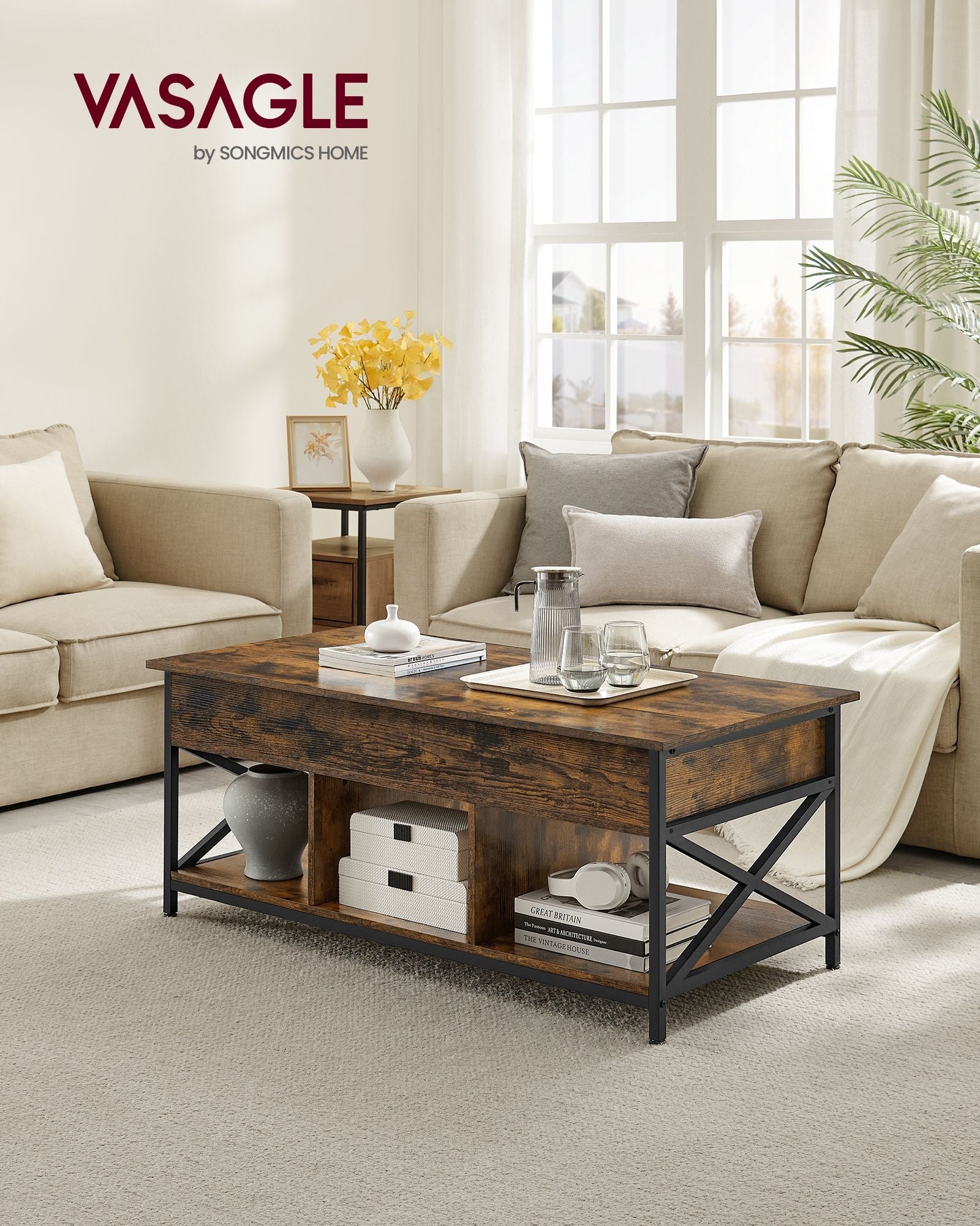Lift-Top Coffee Table – Wood – Natural Finish – Open and Hidden Storage with X-Shaped Design