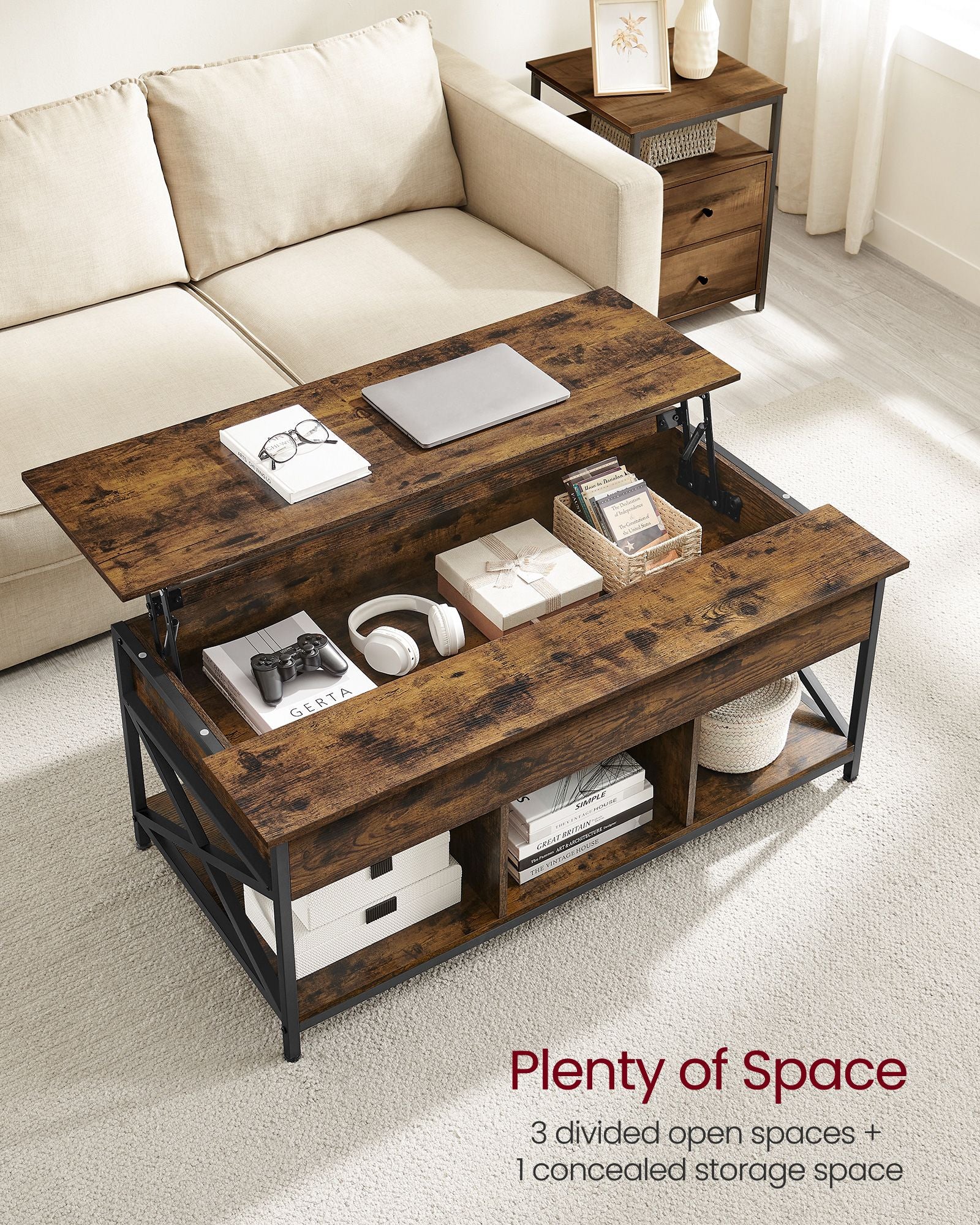 Lift-Top Coffee Table – Wood – Natural Finish – Open and Hidden Storage with X-Shaped Design