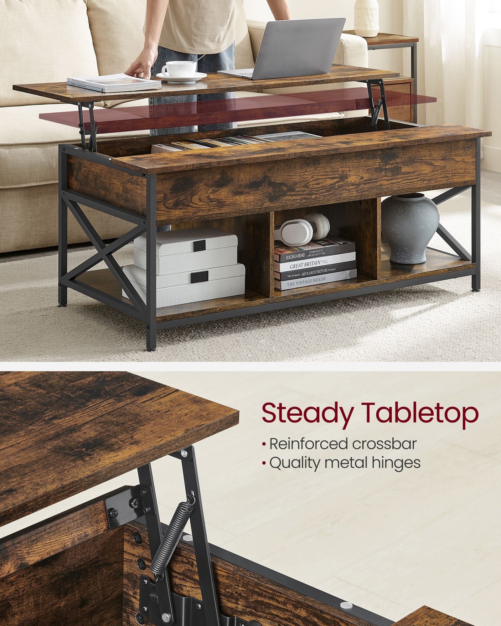 Lift-Top Coffee Table – Wood – Natural Finish – Open and Hidden Storage with X-Shaped Design
