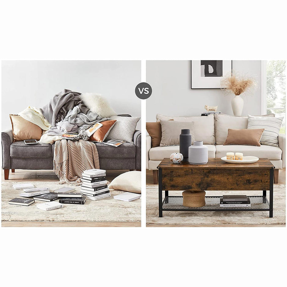 Coffee Table – Steel – Rustic Brown and Black – Folding Top with Hidden Storage and Mesh Shelf