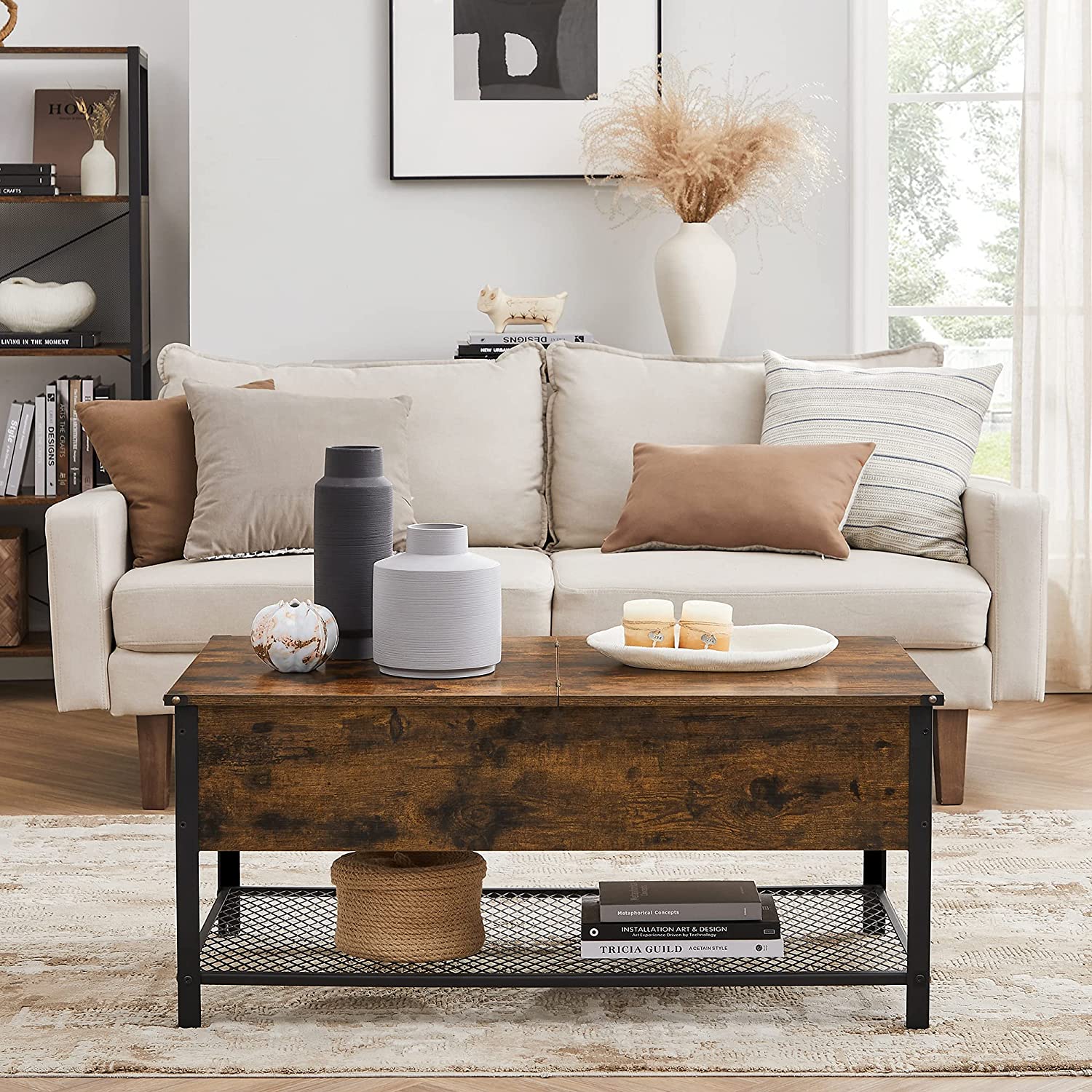 Coffee Table – Steel – Rustic Brown and Black – Folding Top with Hidden Storage and Mesh Shelf