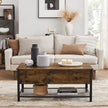 Coffee Table – Steel – Rustic Brown and Black – Folding Top with Hidden Storage and Mesh Shelf