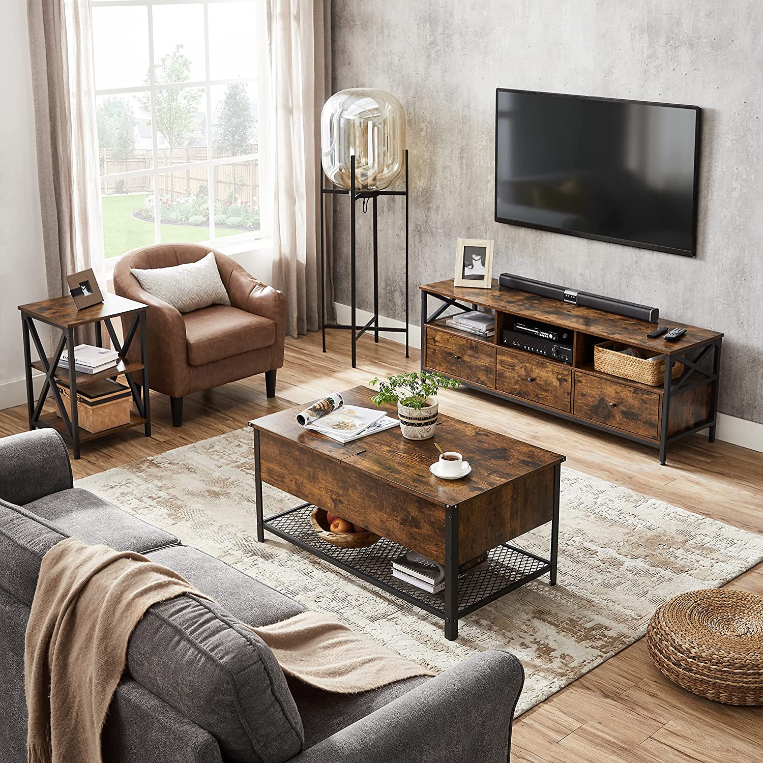 Coffee Table – Steel – Rustic Brown and Black – Folding Top with Hidden Storage and Mesh Shelf