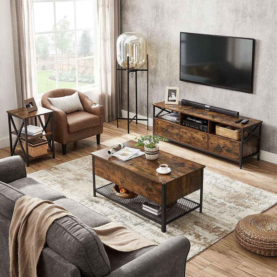 Coffee Table – Steel – Rustic Brown and Black – Folding Top with Hidden Storage and Mesh Shelf