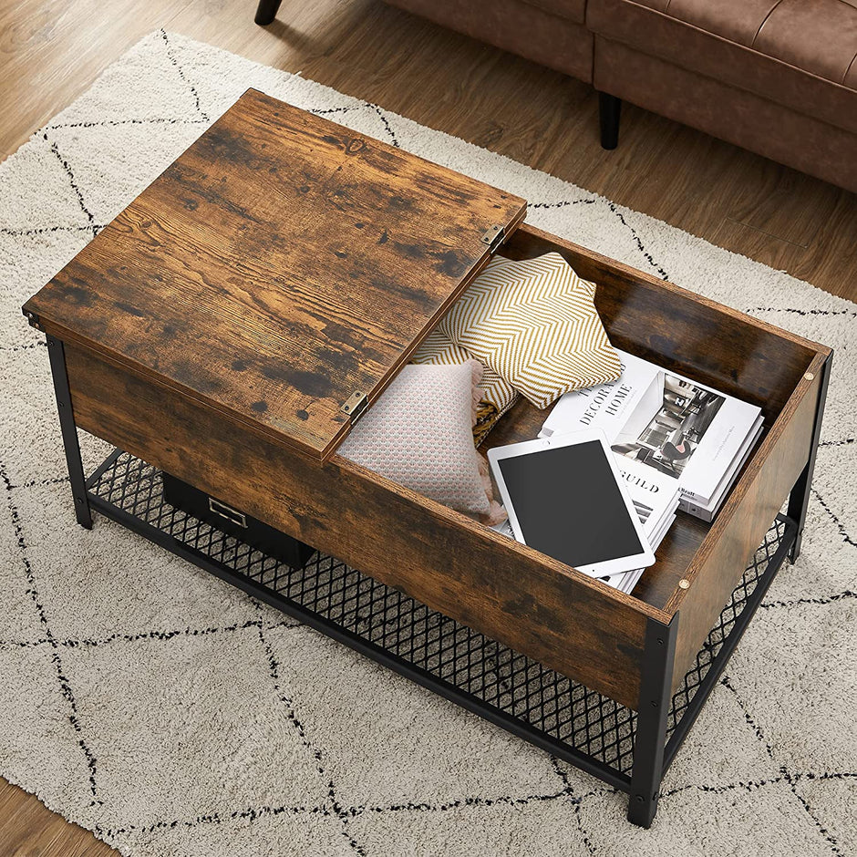Coffee Table – Steel – Rustic Brown and Black – Folding Top with Hidden Storage and Mesh Shelf