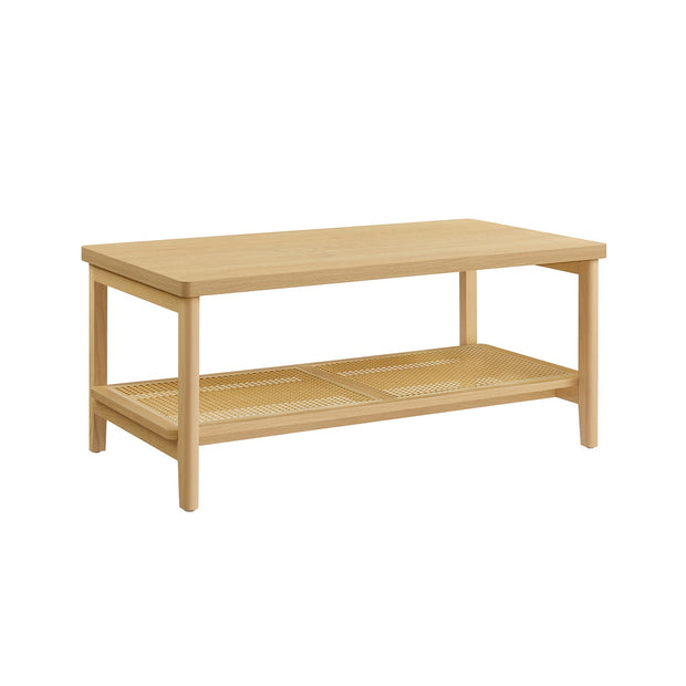 2-Tier Coffee Table – Oak – Beige – Boho Style with Storage Shelf and Rounded Corners