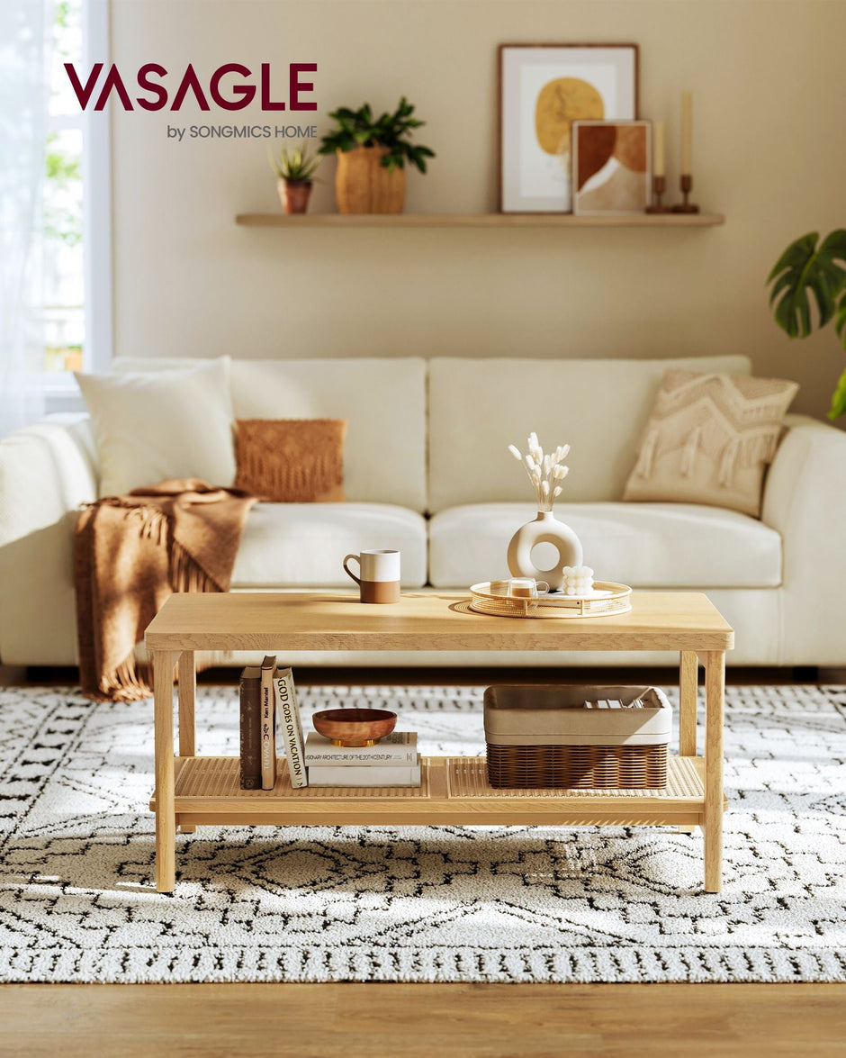 2-Tier Coffee Table – Oak – Beige – Boho Style with Storage Shelf and Rounded Corners