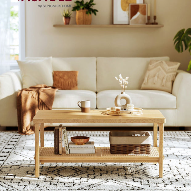 2-Tier Coffee Table – Oak – Beige – Boho Style with Storage Shelf and Rounded Corners