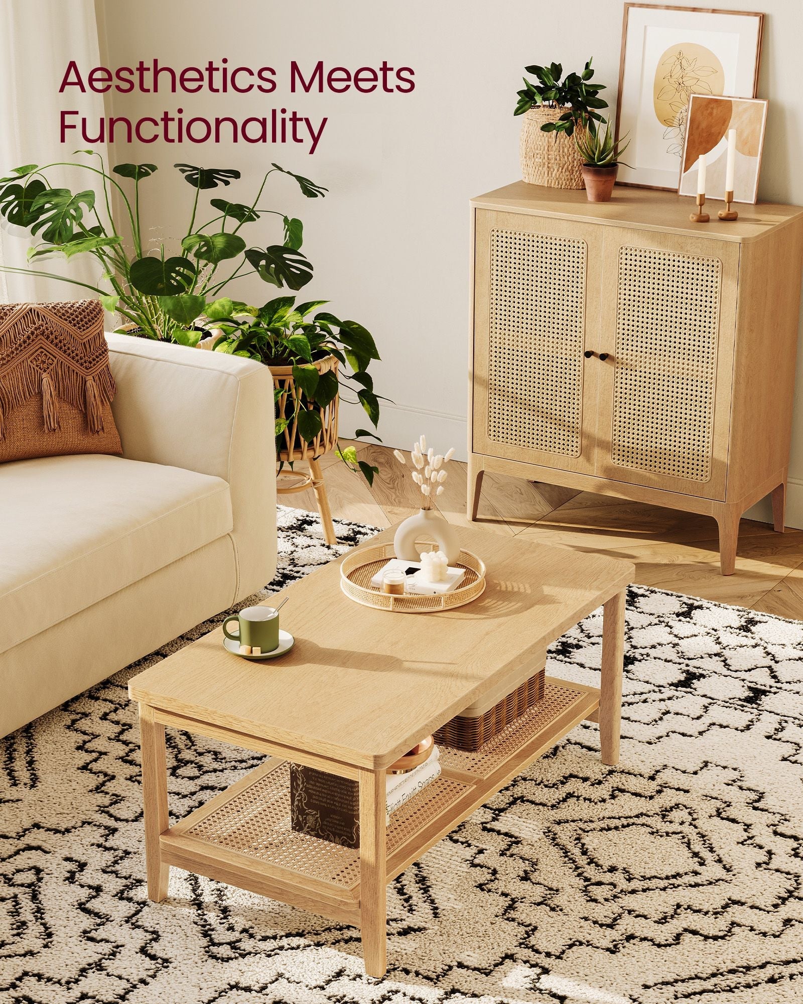 2-Tier Coffee Table – Oak – Beige – Boho Style with Storage Shelf and Rounded Corners