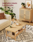 2-Tier Coffee Table – Oak – Beige – Boho Style with Storage Shelf and Rounded Corners