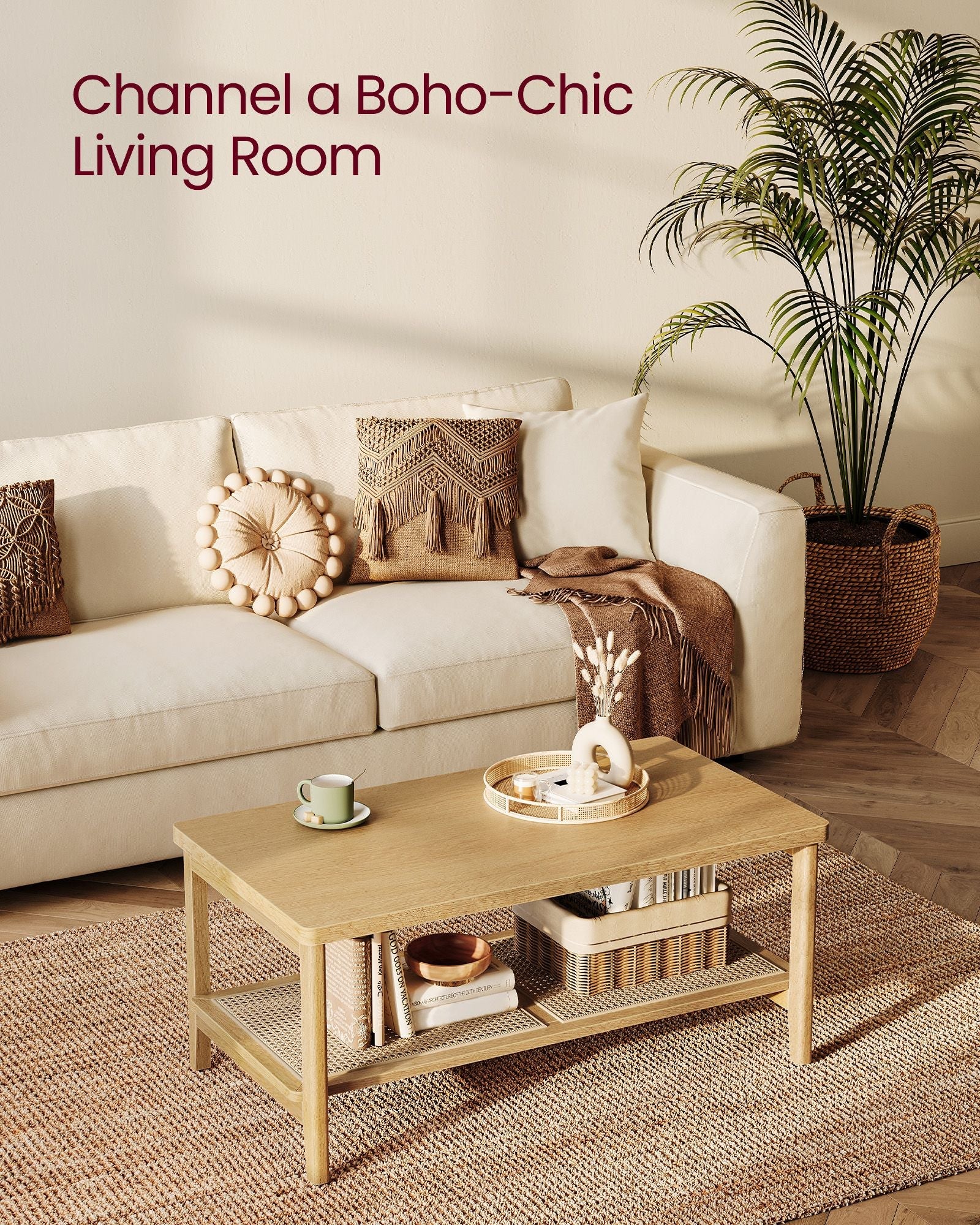 2-Tier Coffee Table – Oak – Beige – Boho Style with Storage Shelf and Rounded Corners