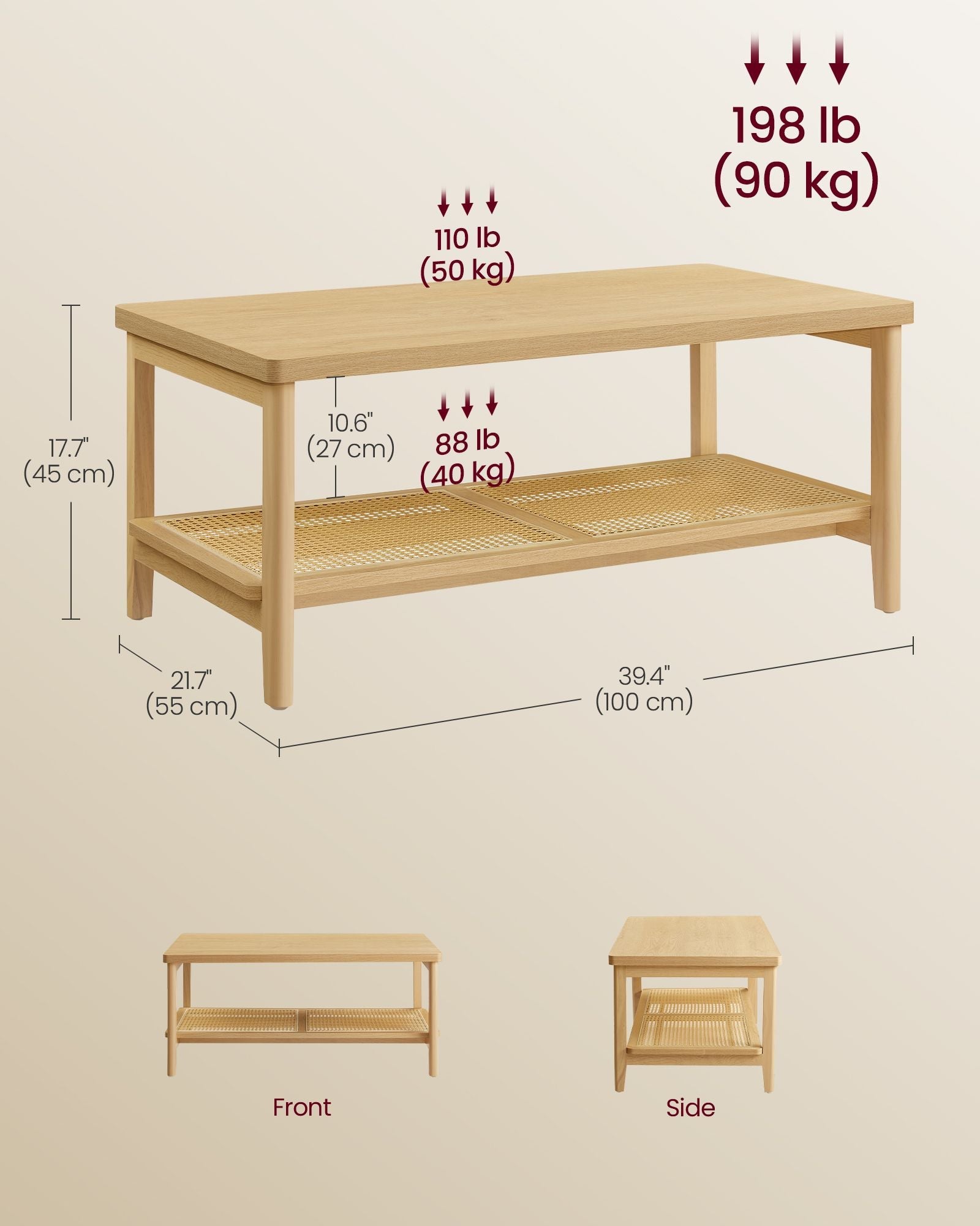 2-Tier Coffee Table – Oak – Beige – Boho Style with Storage Shelf and Rounded Corners