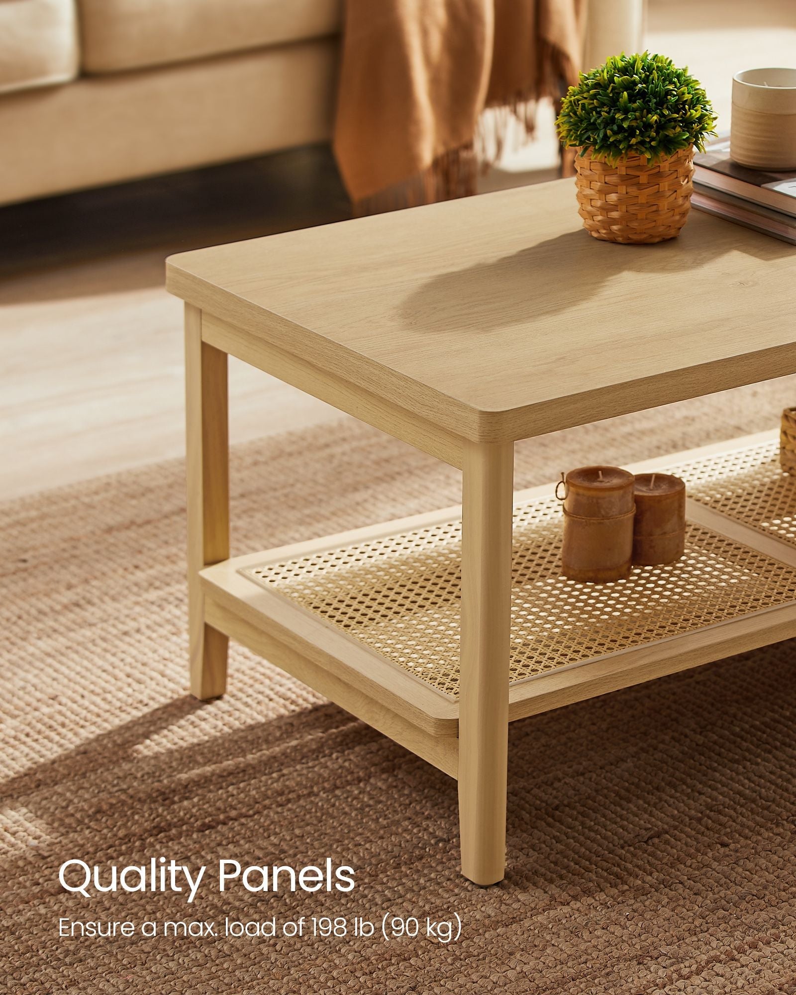2-Tier Coffee Table – Oak – Beige – Boho Style with Storage Shelf and Rounded Corners