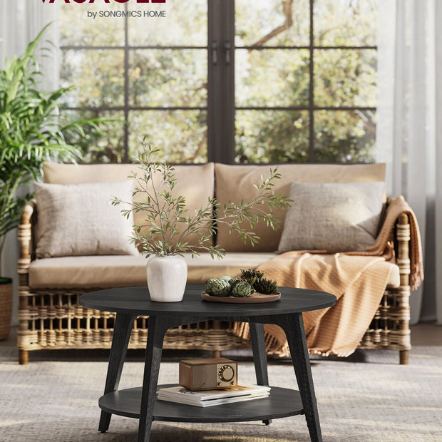 2-Tier Round Coffee Table – Engineered Wood – Charcoal Grey – Easy Assembly with Storage