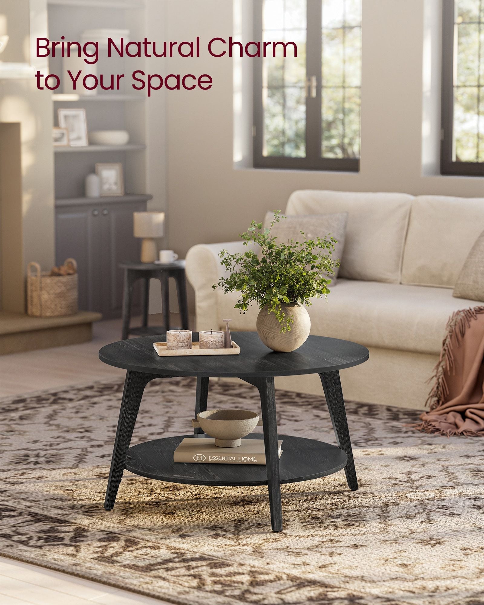 2-Tier Round Coffee Table – Engineered Wood – Charcoal Grey – Easy Assembly with Storage