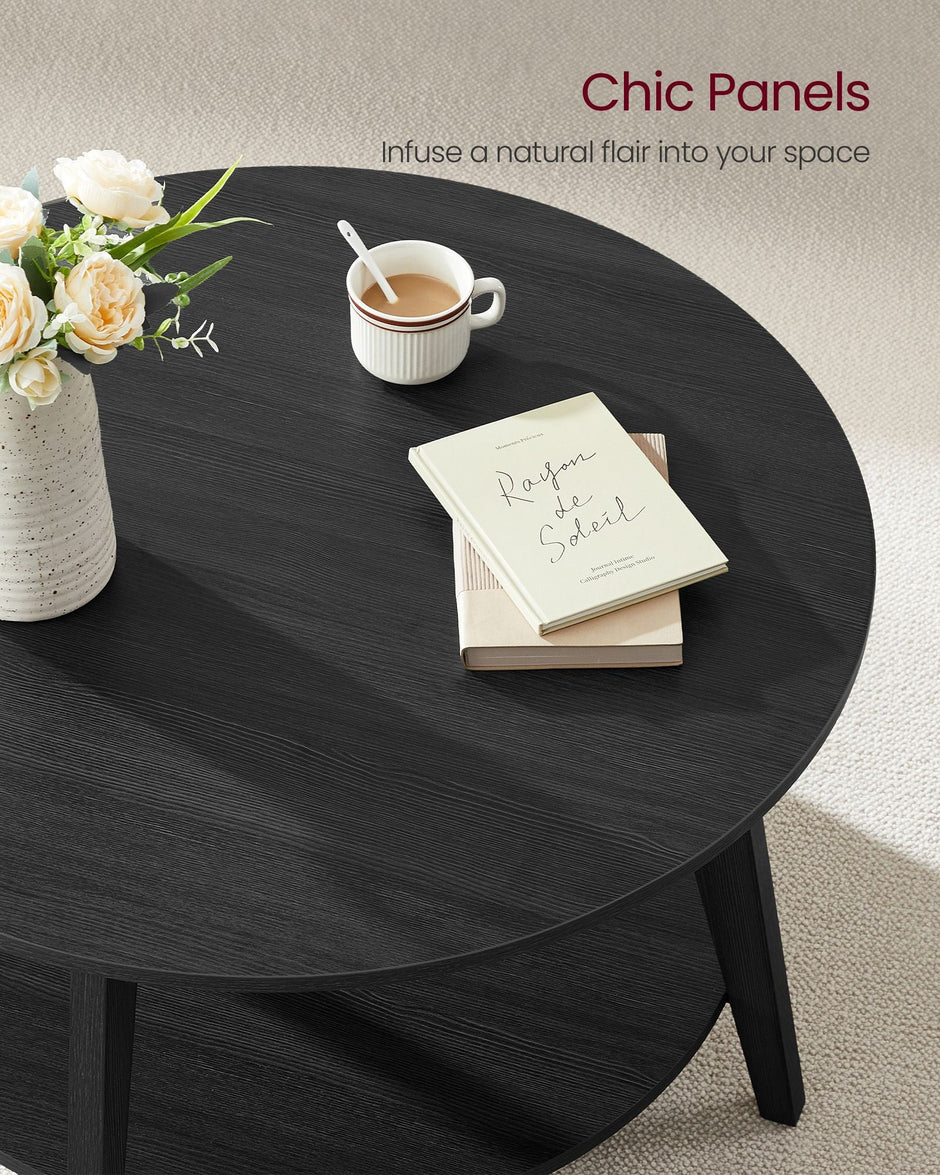 2-Tier Round Coffee Table – Engineered Wood – Charcoal Grey – Easy Assembly with Storage