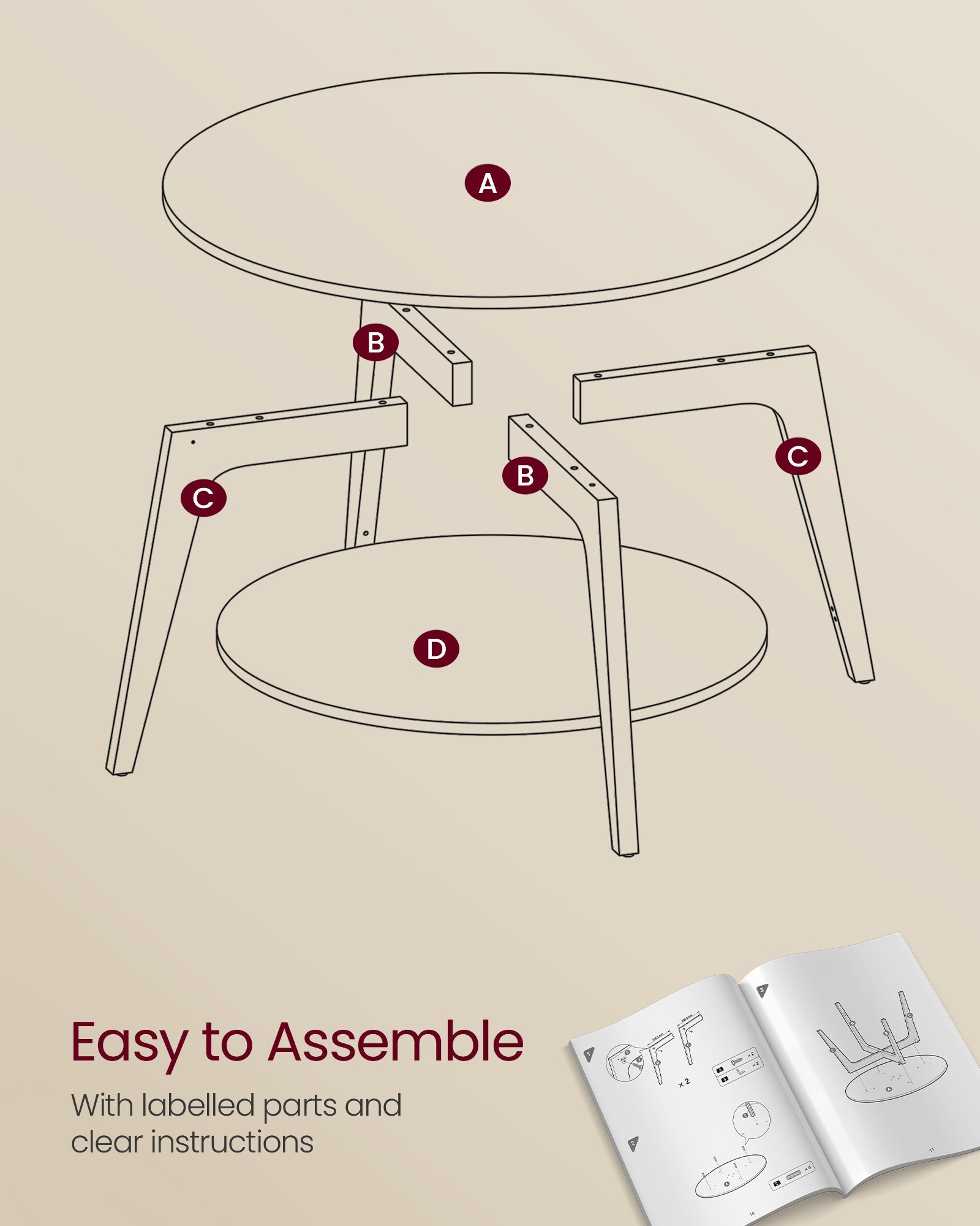 2-Tier Round Coffee Table – Engineered Wood – Charcoal Grey – Easy Assembly with Storage