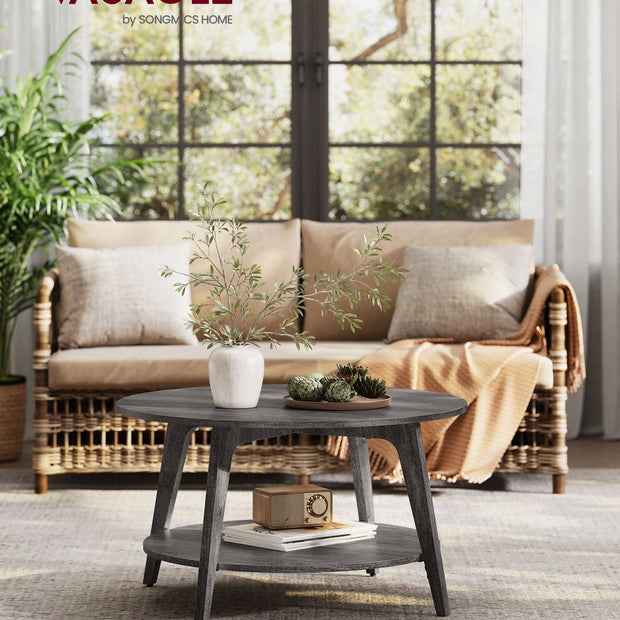 Round Coffee Table – Engineered Wood – Misty Grey – 2-Tier with Storage, Easy to Assemble