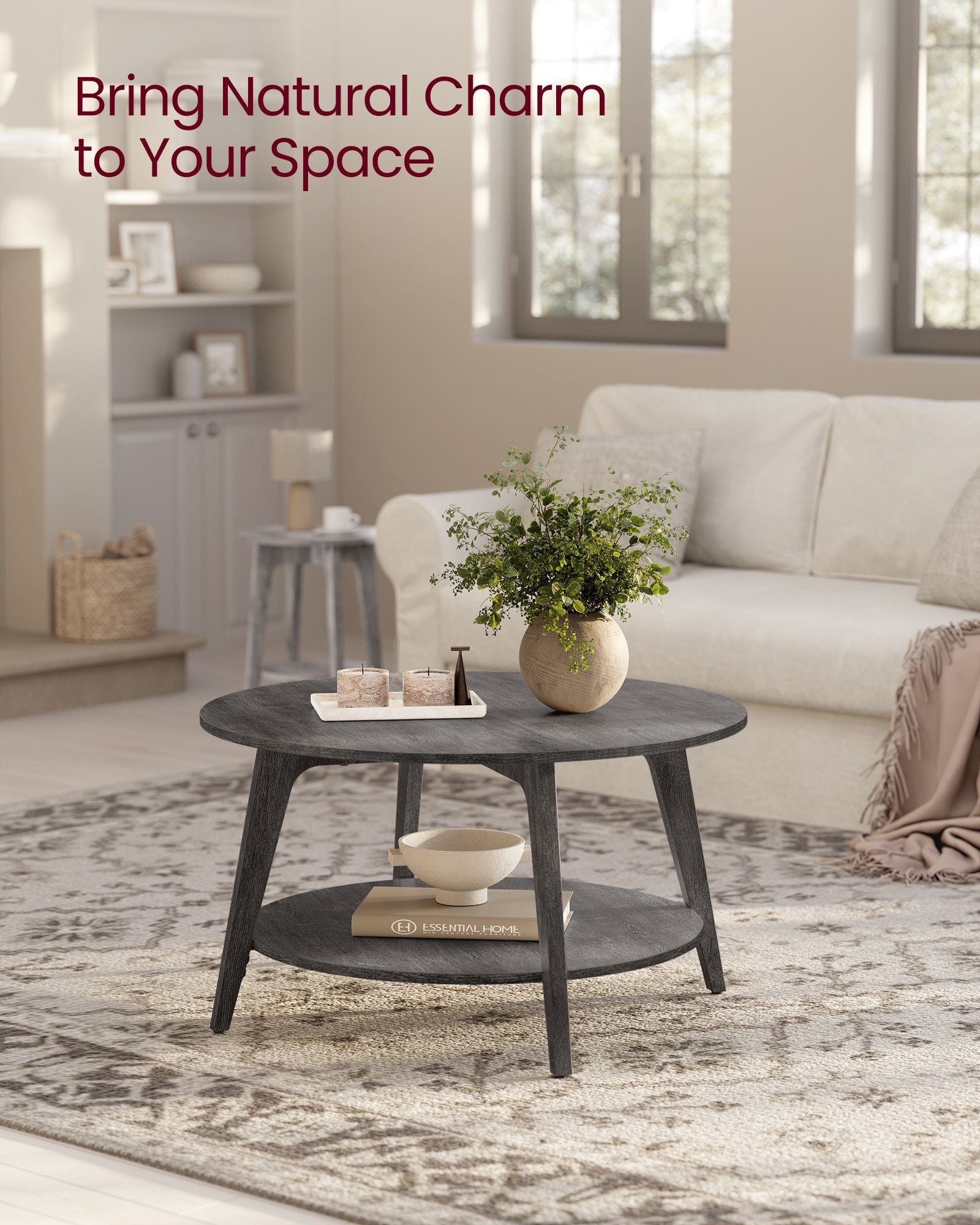 Round Coffee Table – Engineered Wood – Misty Grey – 2-Tier with Storage, Easy to Assemble