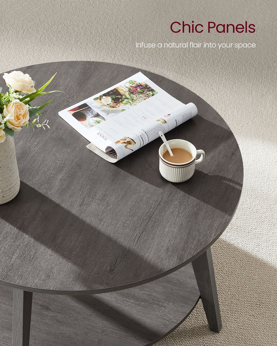 Round Coffee Table – Engineered Wood – Misty Grey – 2-Tier with Storage, Easy to Assemble