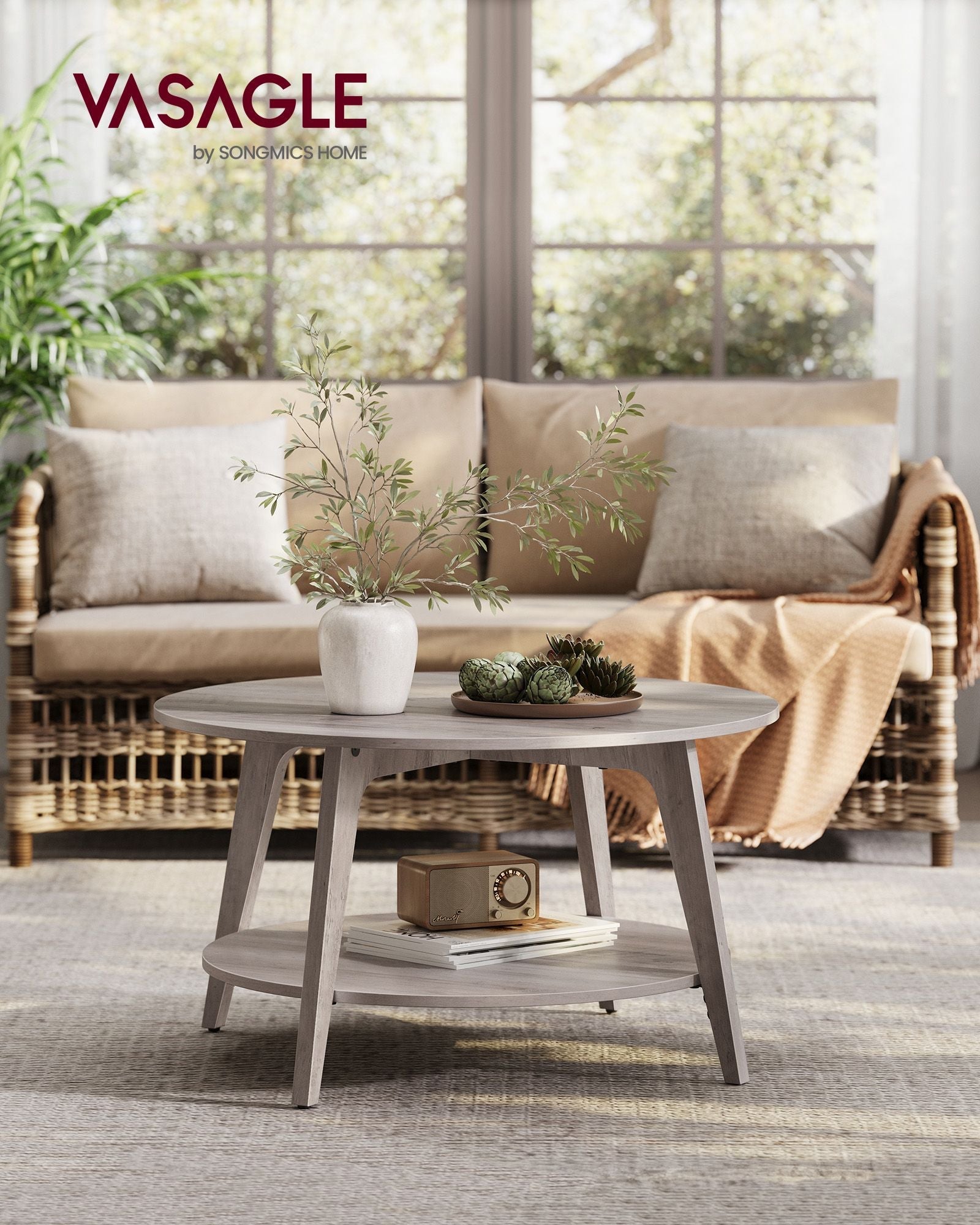 Round Coffee Table – Wood – Heather Greige – 2-Tier Design with Storage