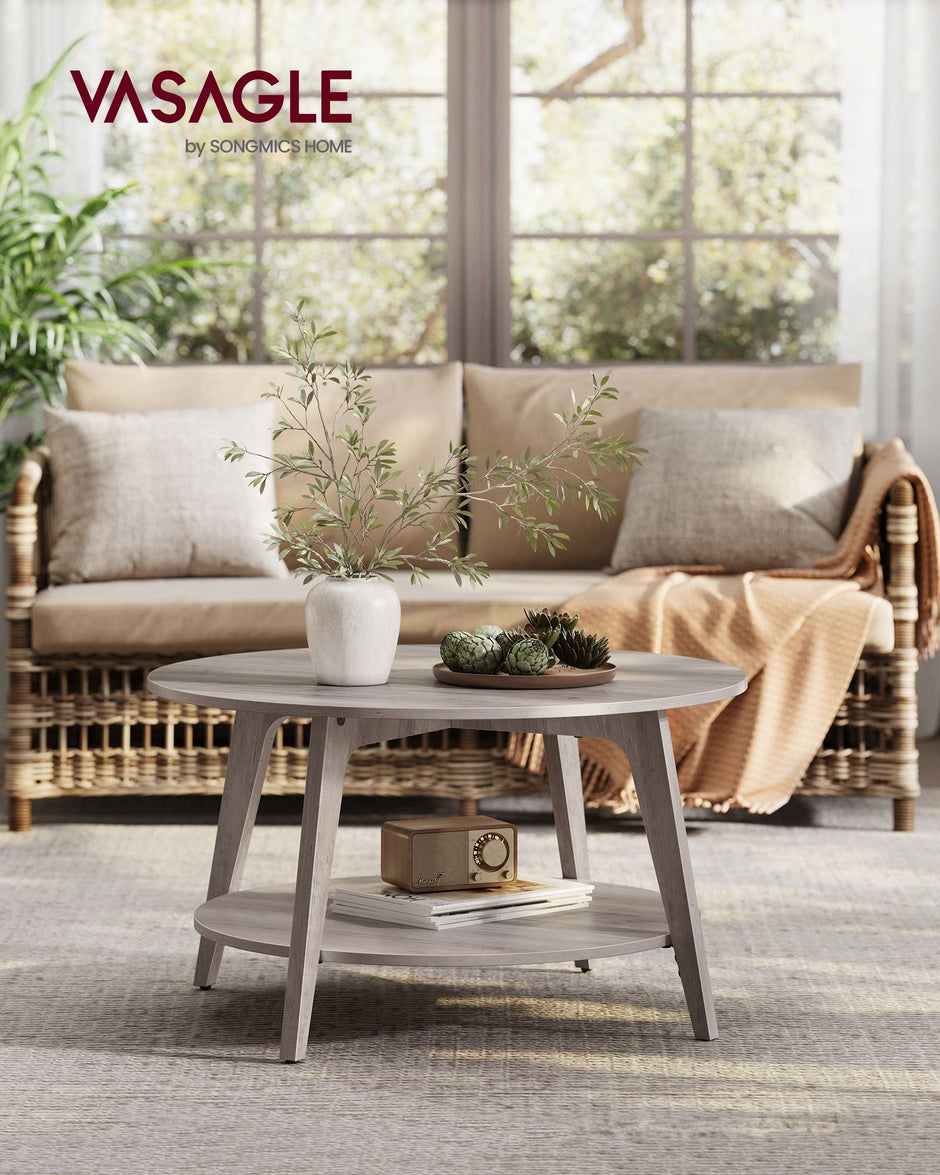 Round Coffee Table – Wood – Heather Greige – 2-Tier Design with Storage