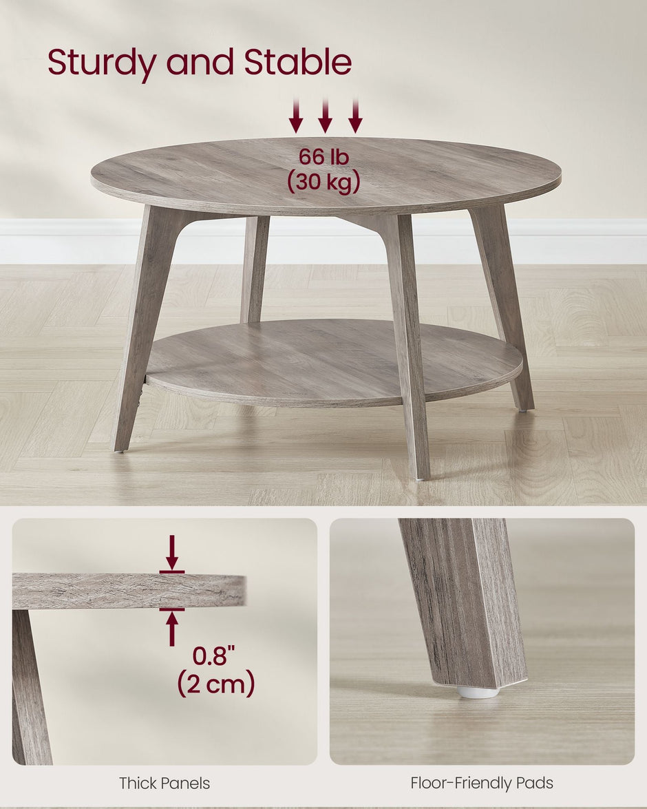 Round Coffee Table – Wood – Heather Greige – 2-Tier Design with Storage