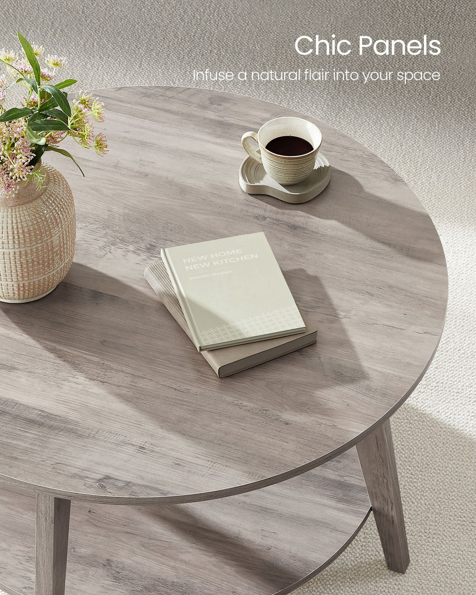Round Coffee Table – Wood – Heather Greige – 2-Tier Design with Storage
