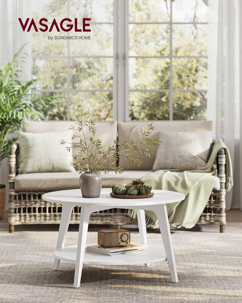 Round Coffee Table – Wood – Snow White – 2-Tier Design with Storage