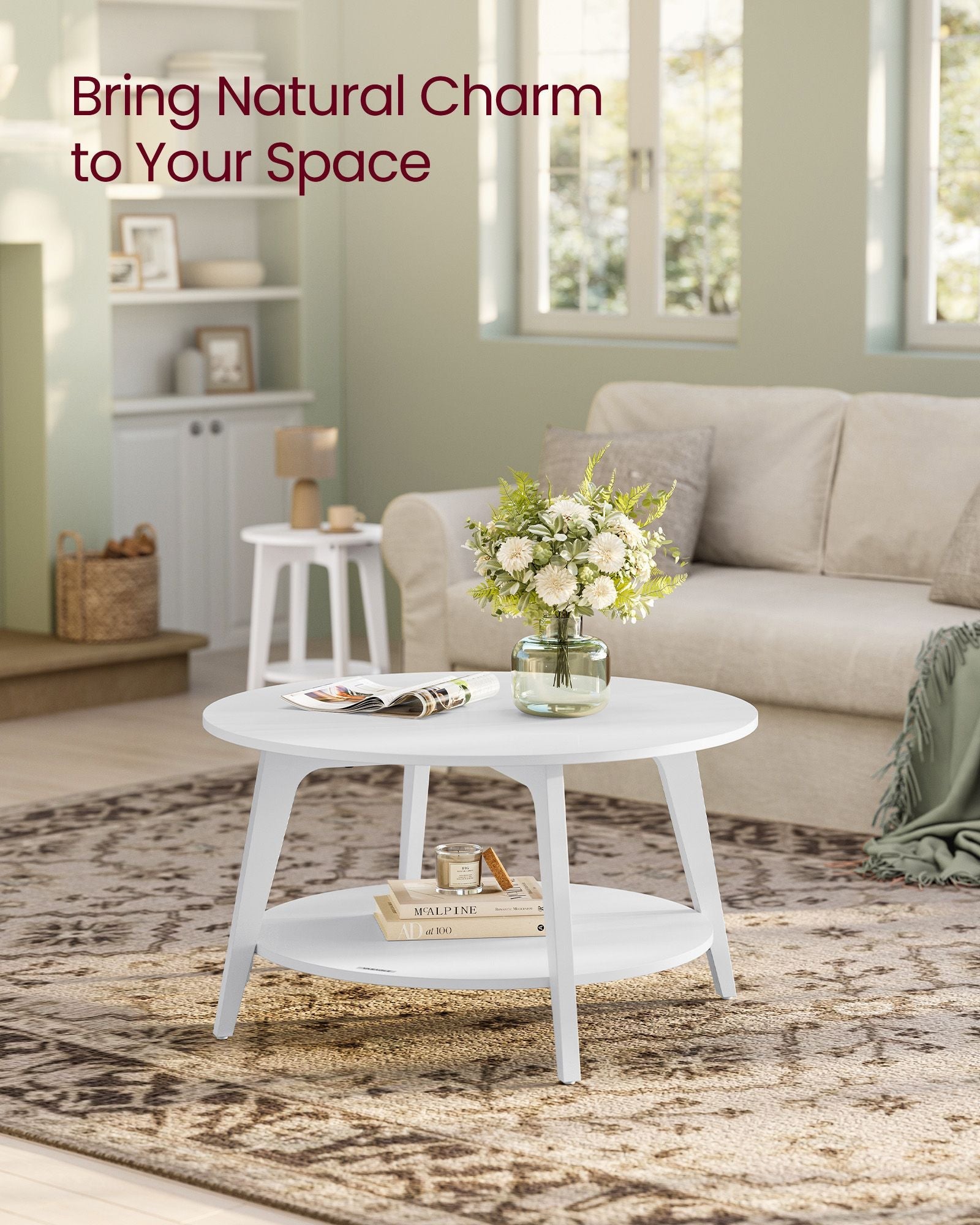 Round Coffee Table – Wood – Snow White – 2-Tier Design with Storage
