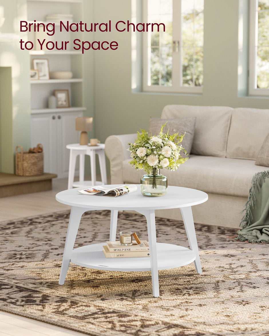 Round Coffee Table – Wood – Snow White – 2-Tier Design with Storage