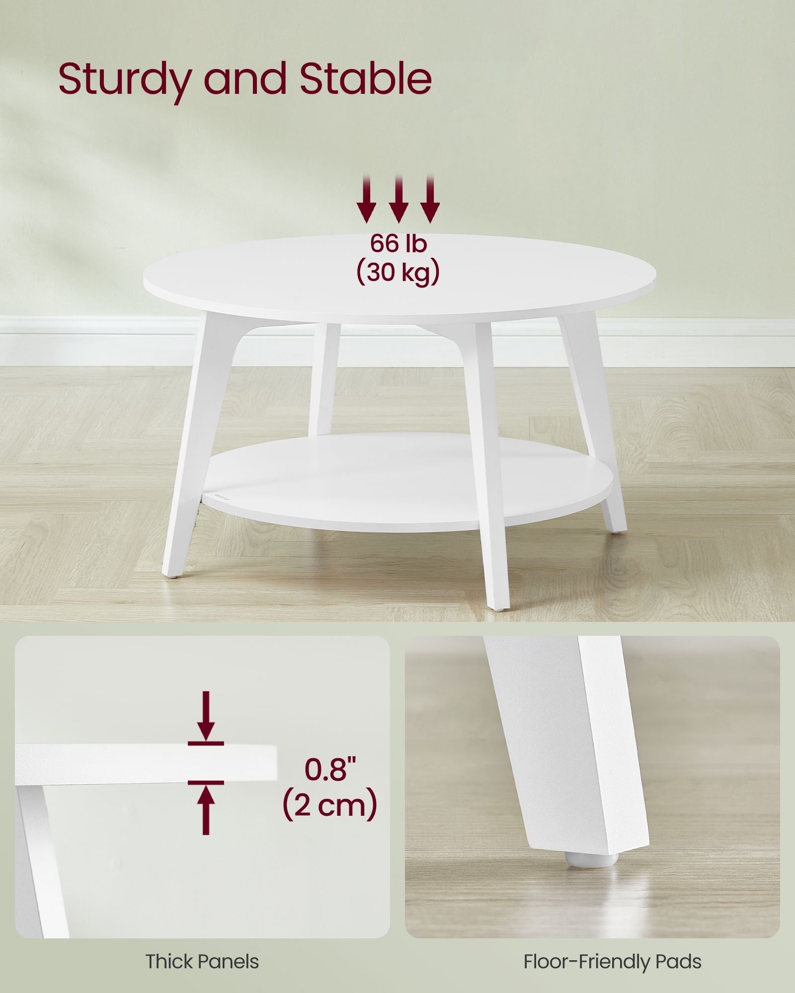 Round Coffee Table – Wood – Snow White – 2-Tier Design with Storage
