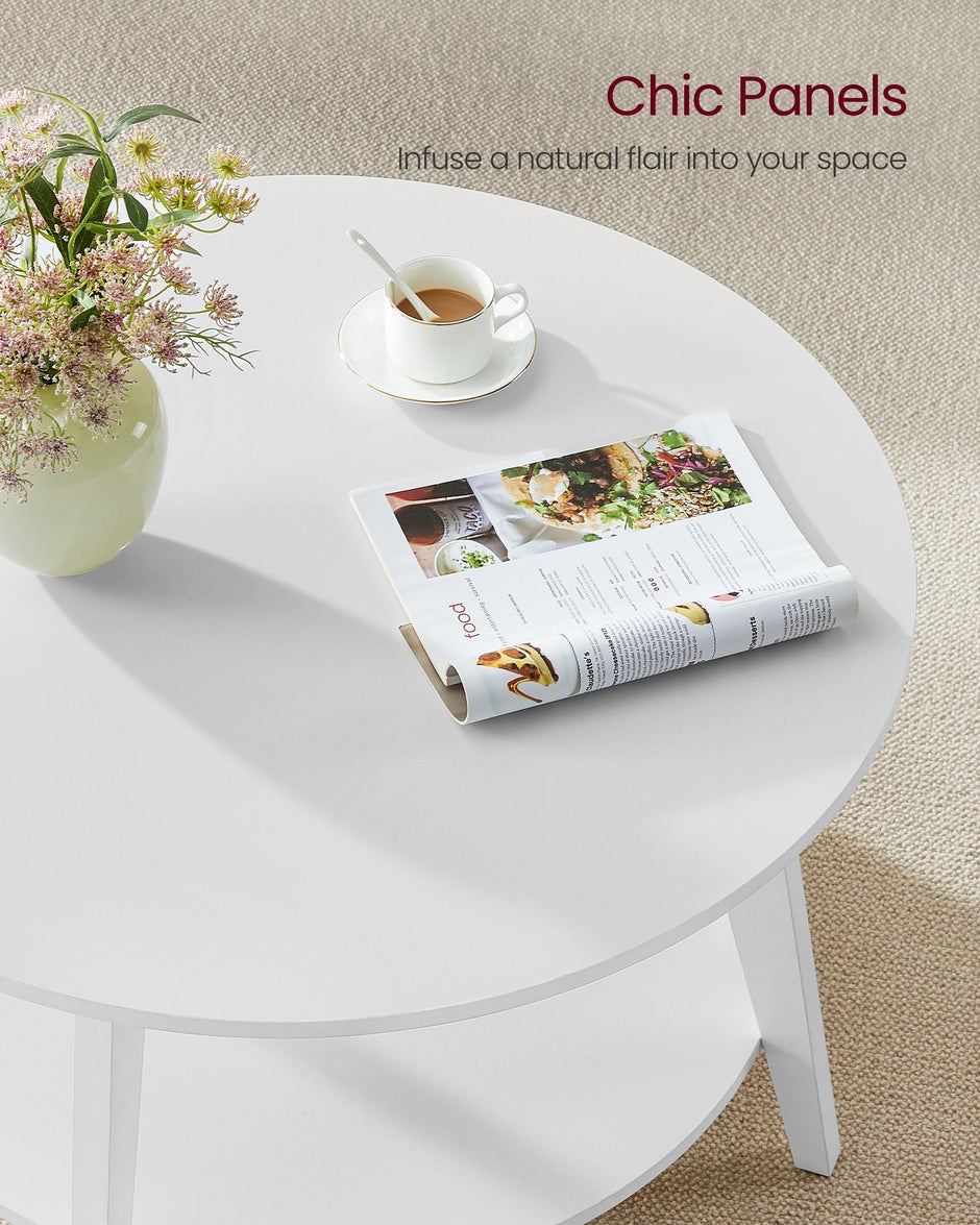 Round Coffee Table – Wood – Snow White – 2-Tier Design with Storage