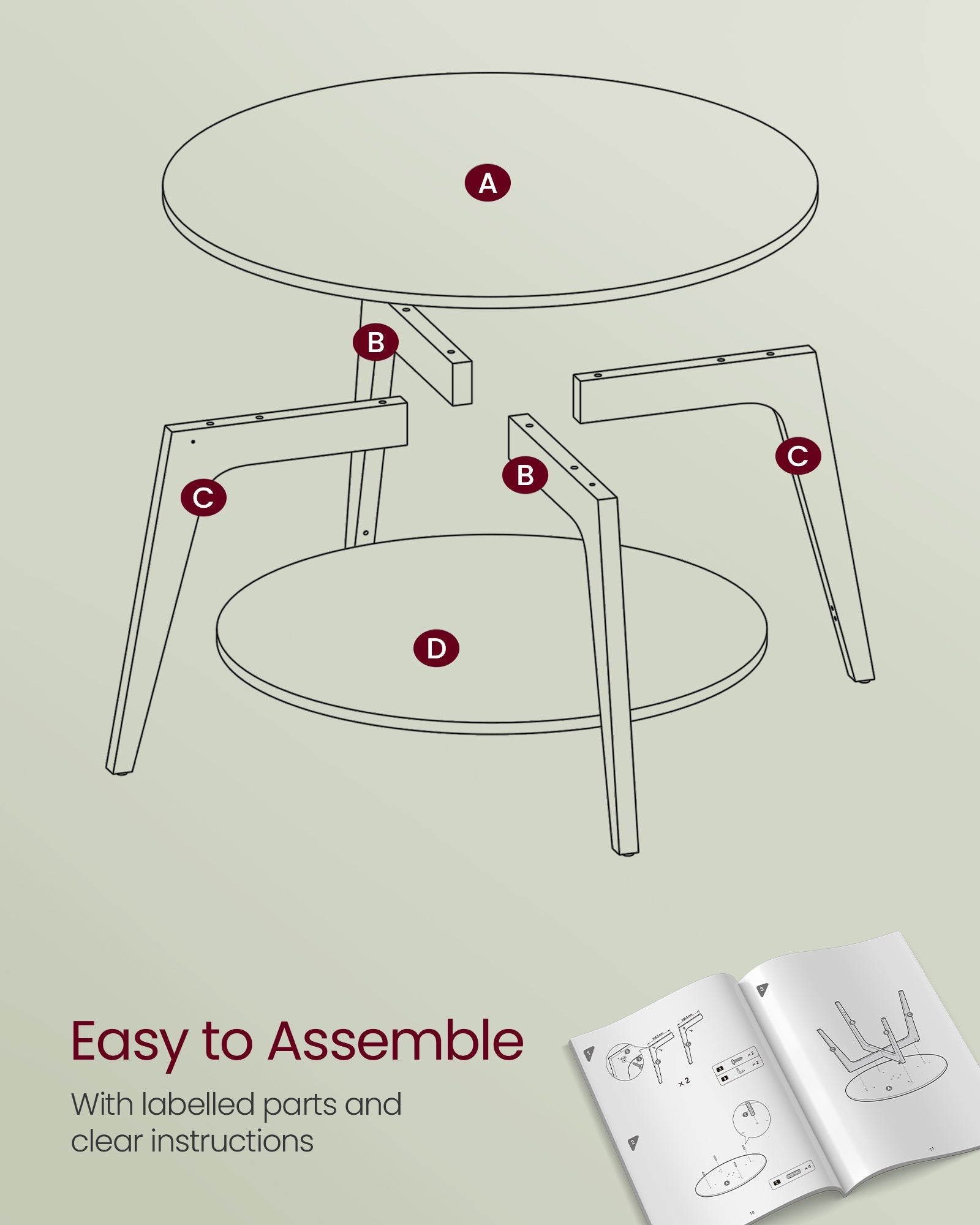 Round Coffee Table – Wood – Snow White – 2-Tier Design with Storage