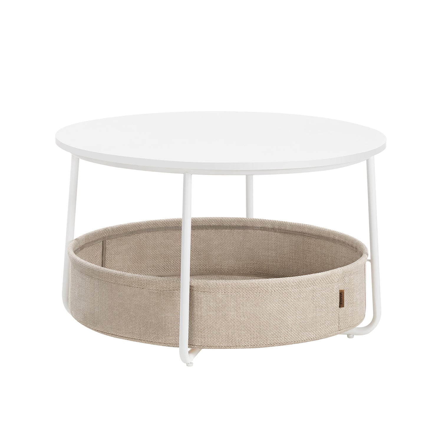 Round Coffee Table – Metal and Fabric – Matte White and Camel Brown – With Storage Basket